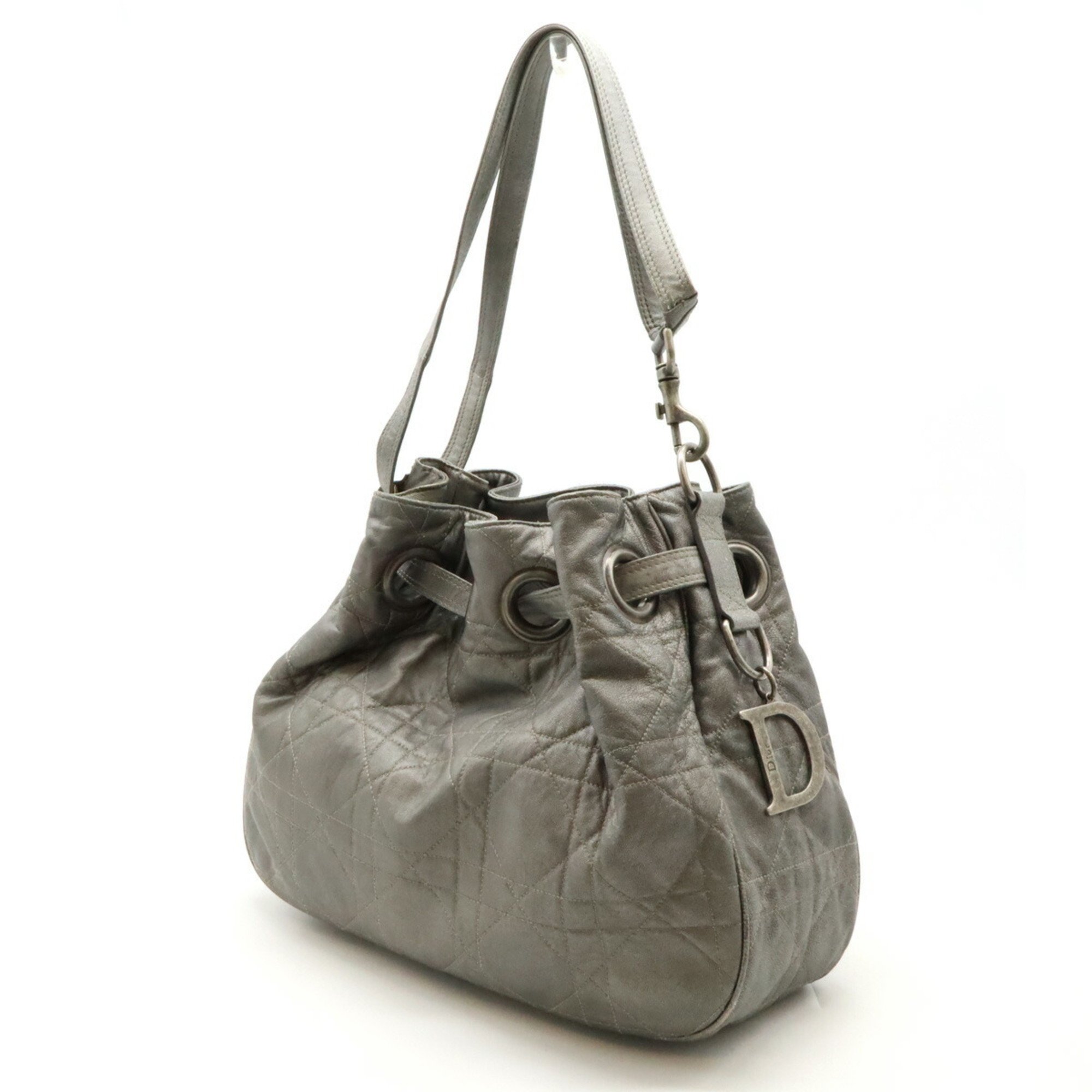 Christian Dior Cannage Tote Bag Shoulder Leather Silver