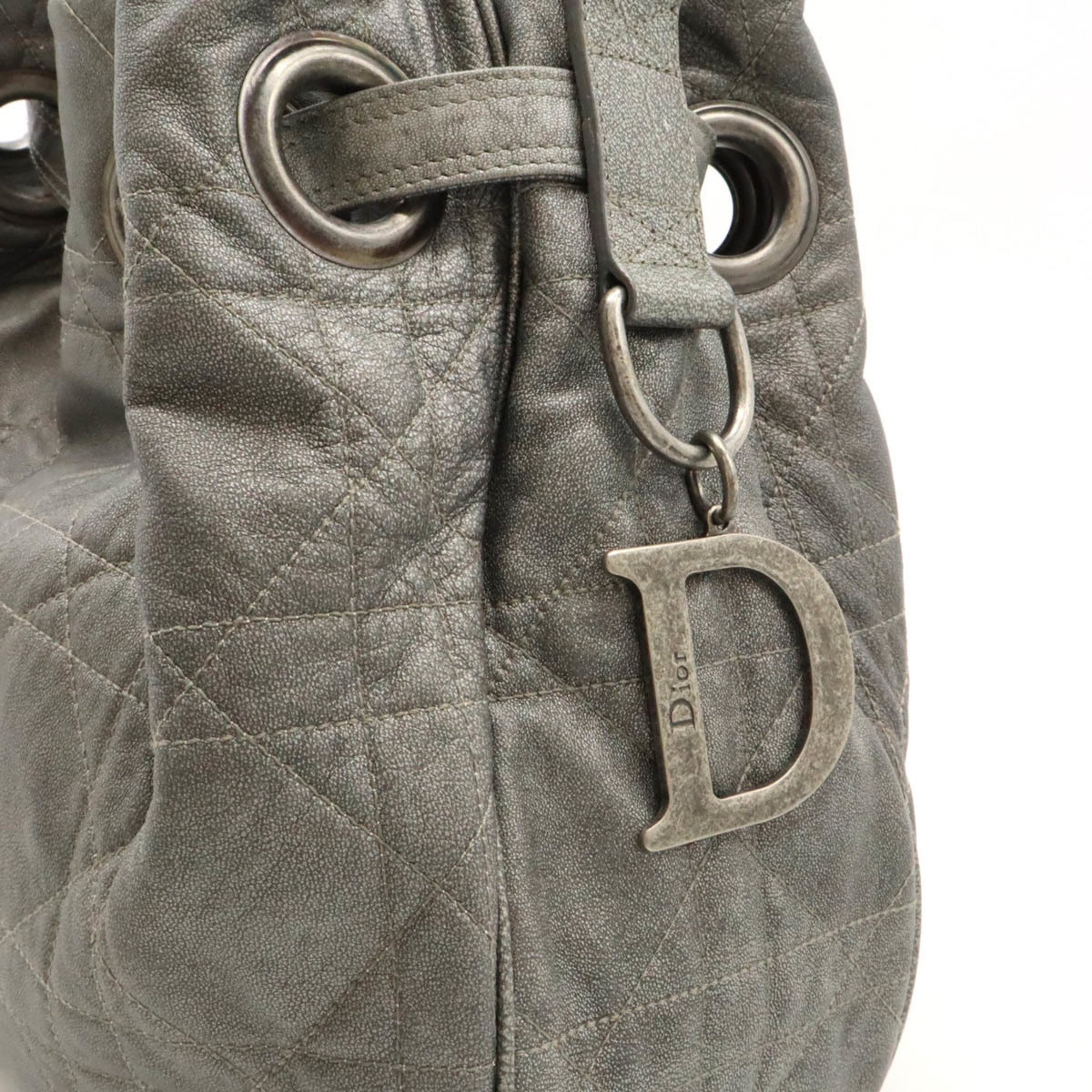 Christian Dior Cannage Tote Bag Shoulder Leather Silver