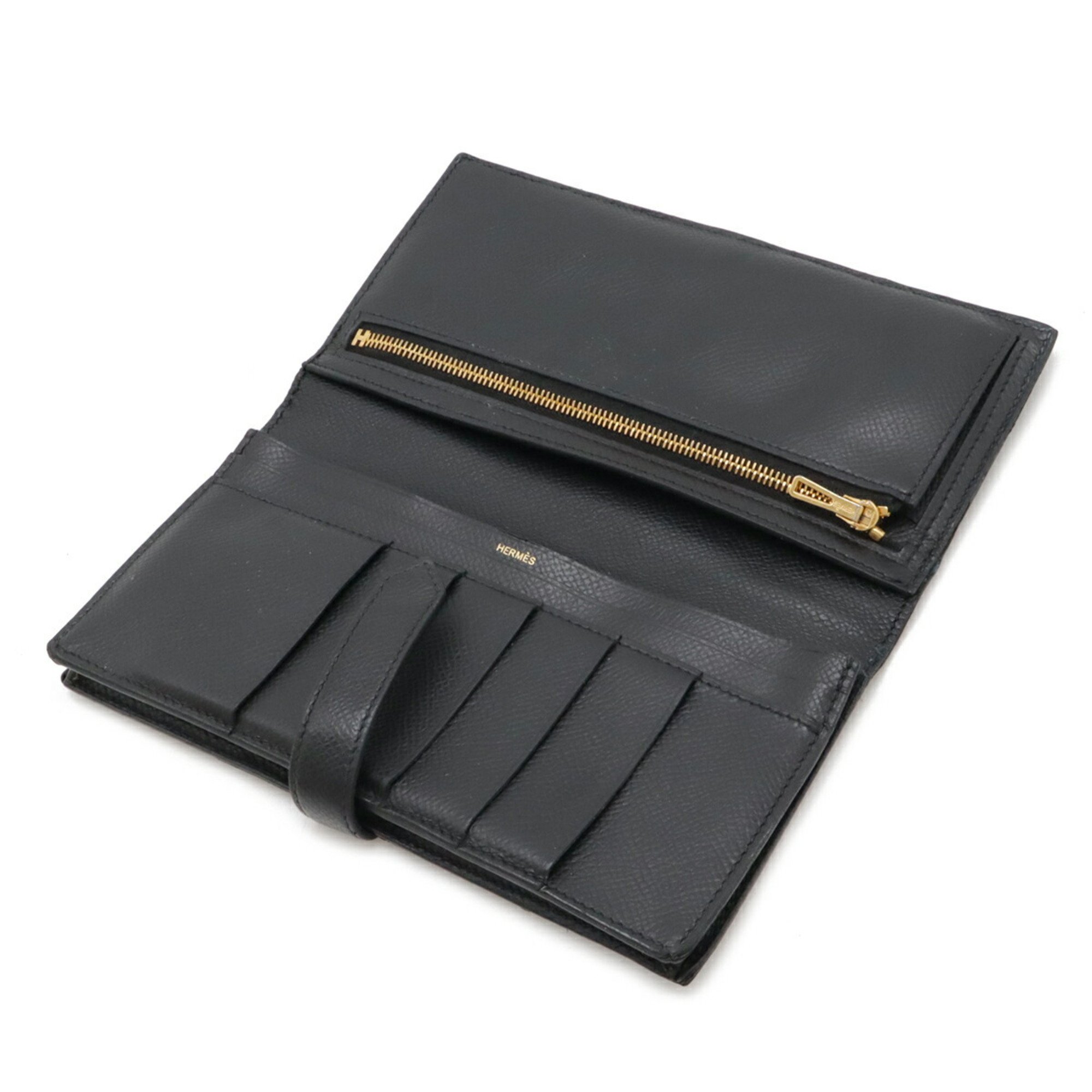 HERMES Bearn Soufflet Bi-fold Long Wallet, Epsom Leather, Black, Y Stamp