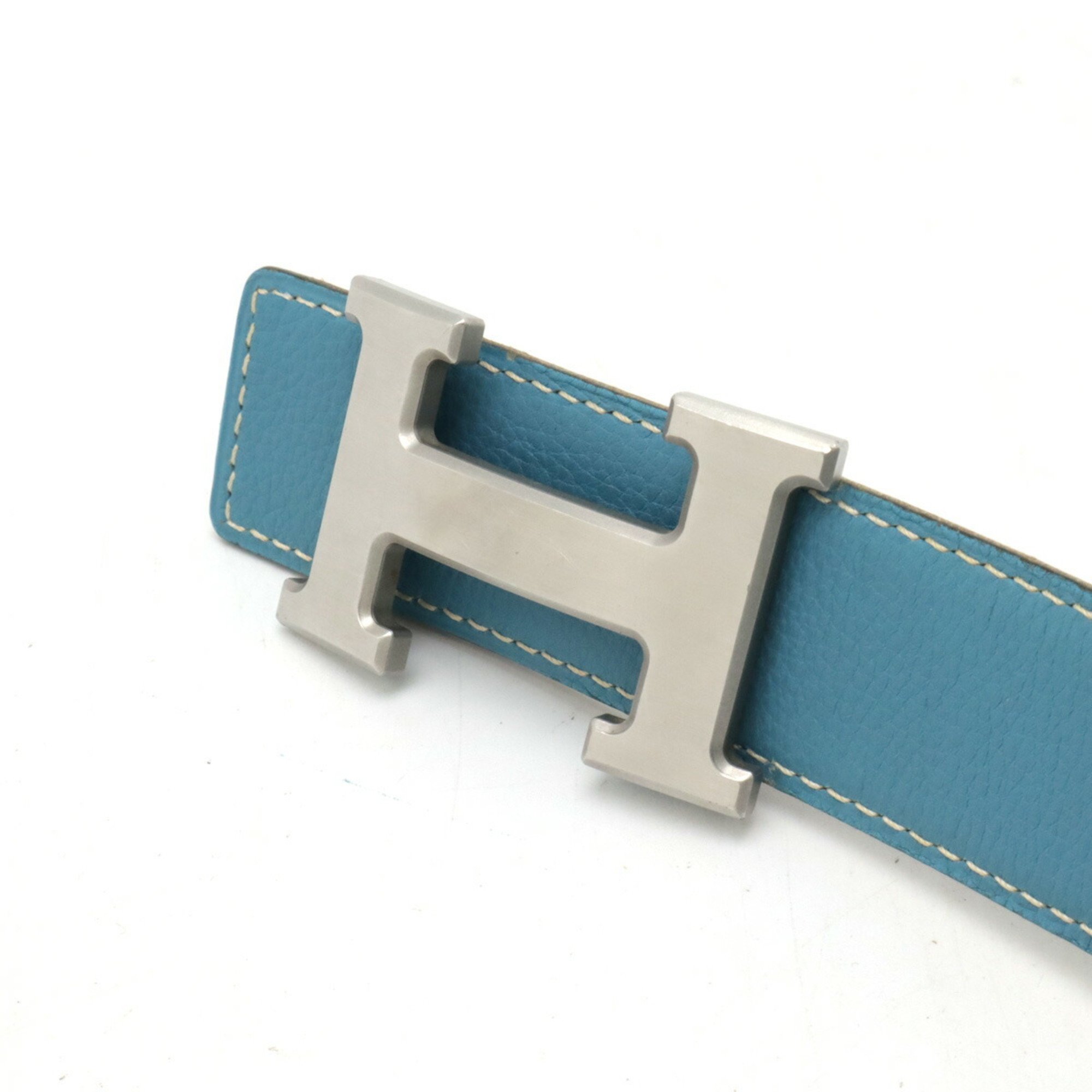 HERMES Constance H Belt Reversible Leather Blue Jean Black #75 □E Stamp