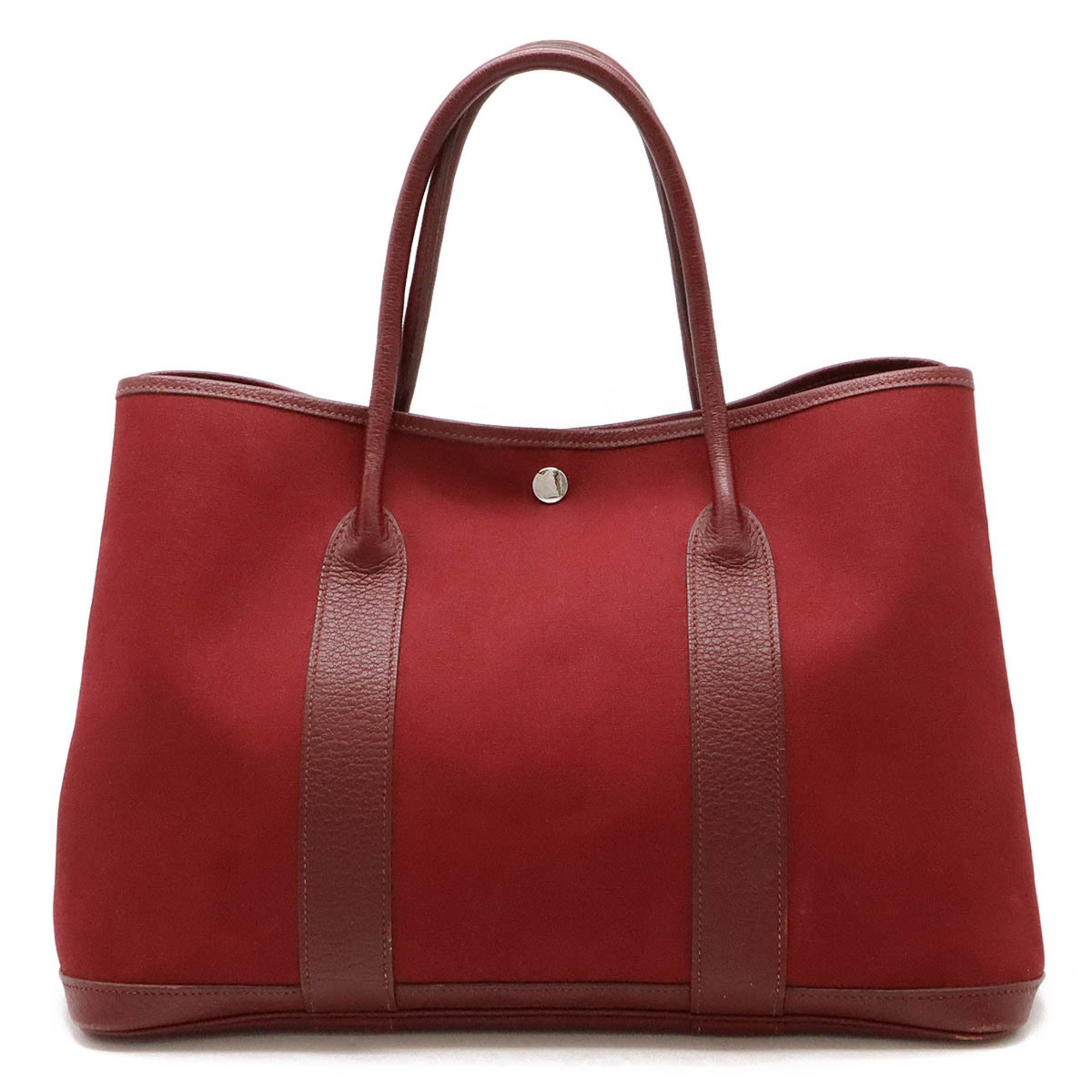 HERMES Garden PM Tote Bag Handbag Toile Officier Canvas Leather Wine Red □I Stamp