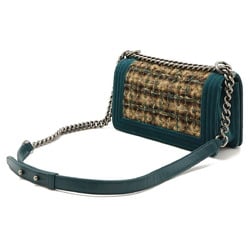 CHANEL Boy Chanel Matelasse Coco Mark Chain Shoulder Bag Velour Tweed Brown Multicolor Green A67775