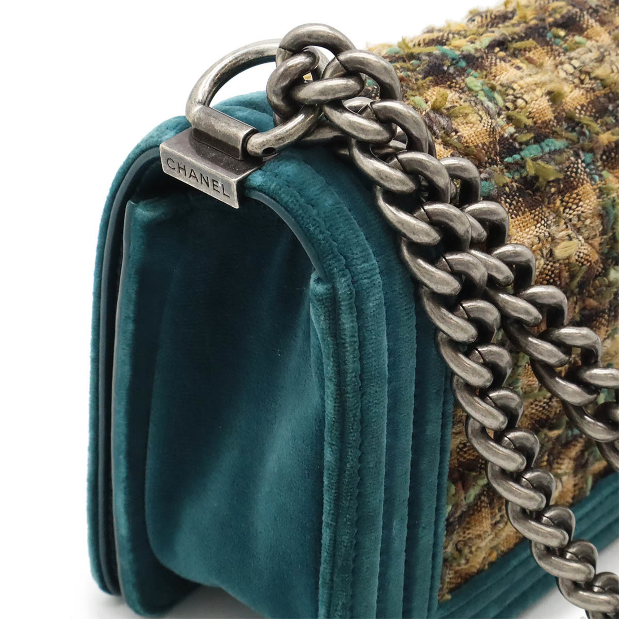 CHANEL Boy Chanel Matelasse Coco Mark Chain Shoulder Bag Velour Tweed Brown Multicolor Green A67775