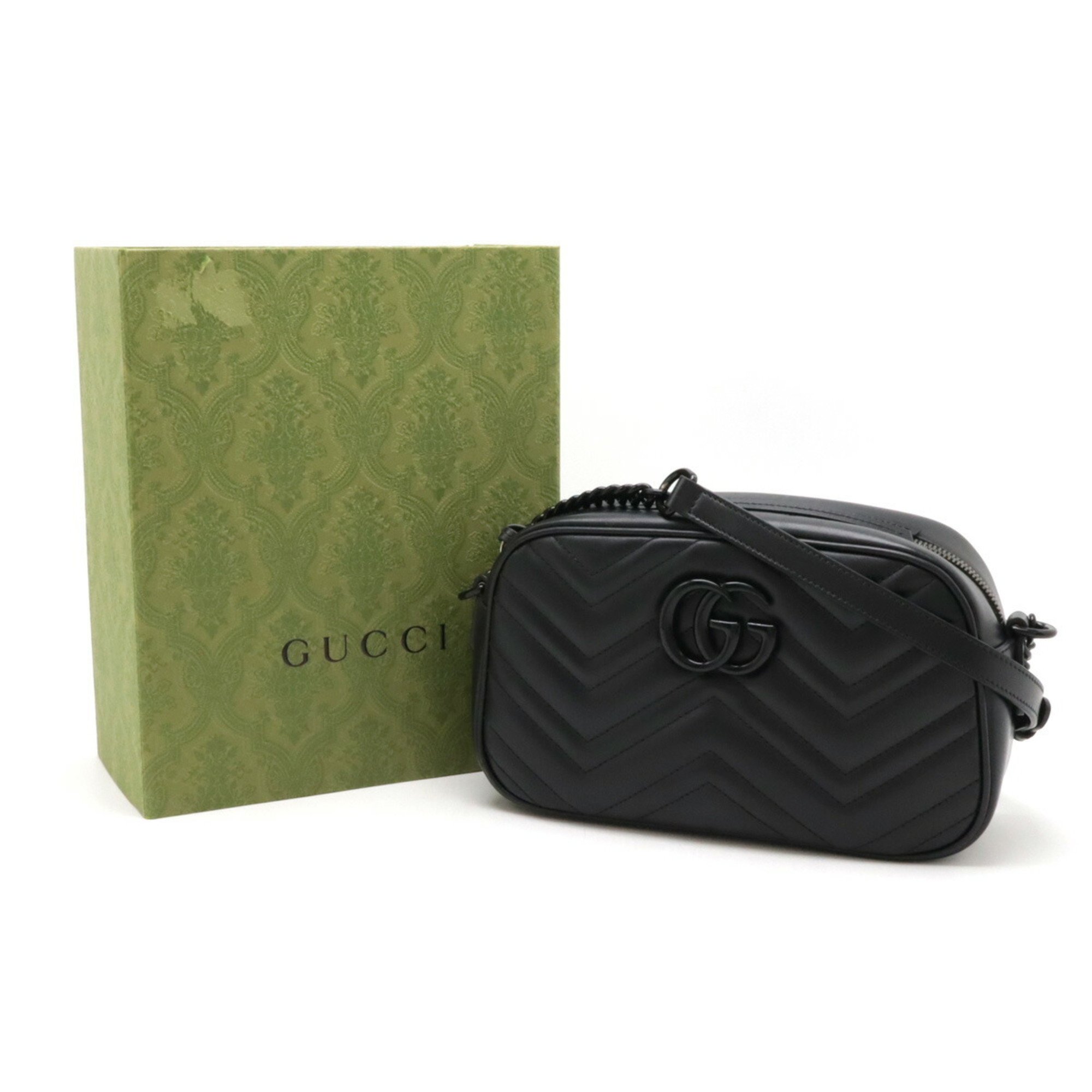 GUCCI GG Marmont Shoulder Bag Pochette Chain Quilted Leather Black 447632