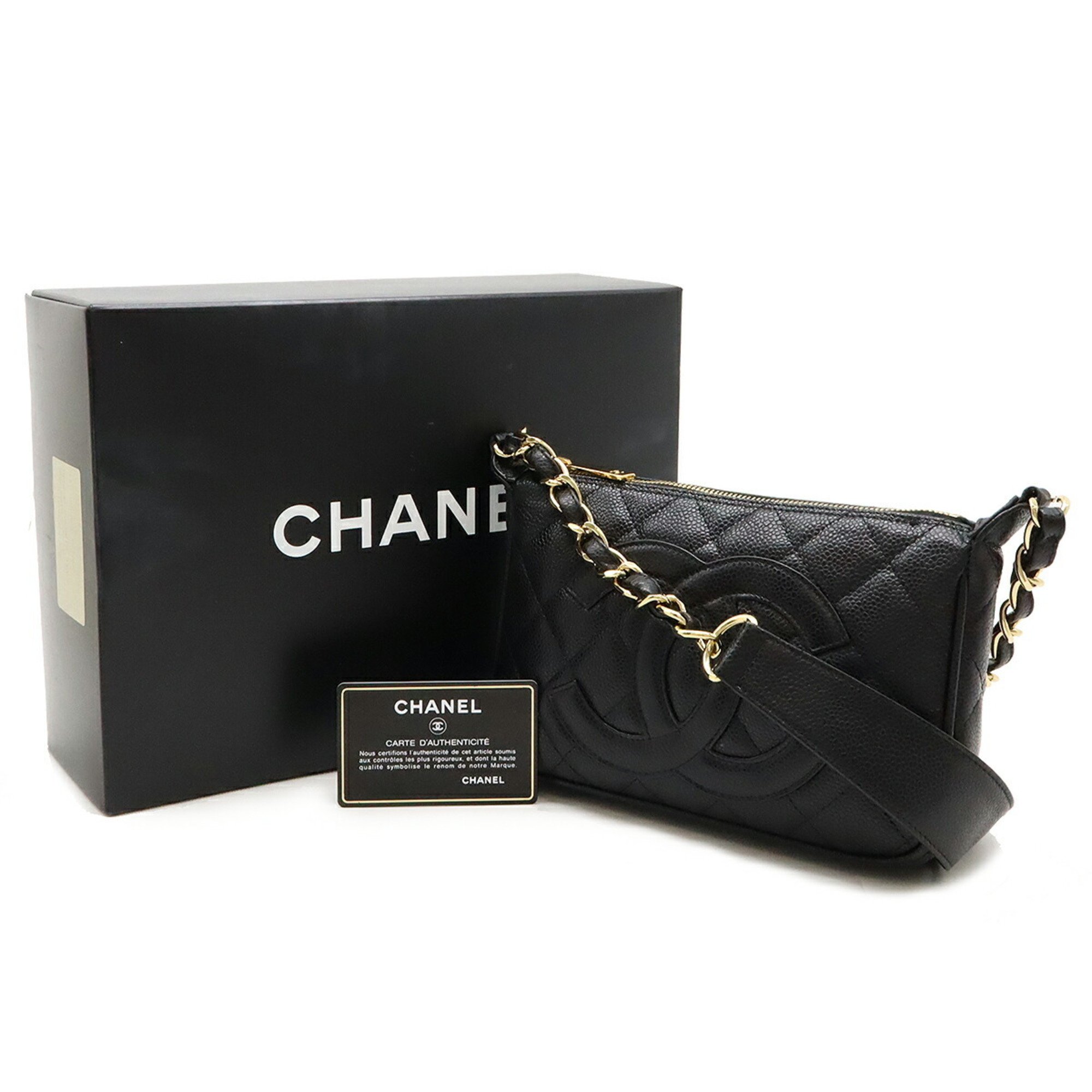 CHANEL Matelasse Coco Mark Chain Shoulder Bag Caviar Skin Leather Black A22476