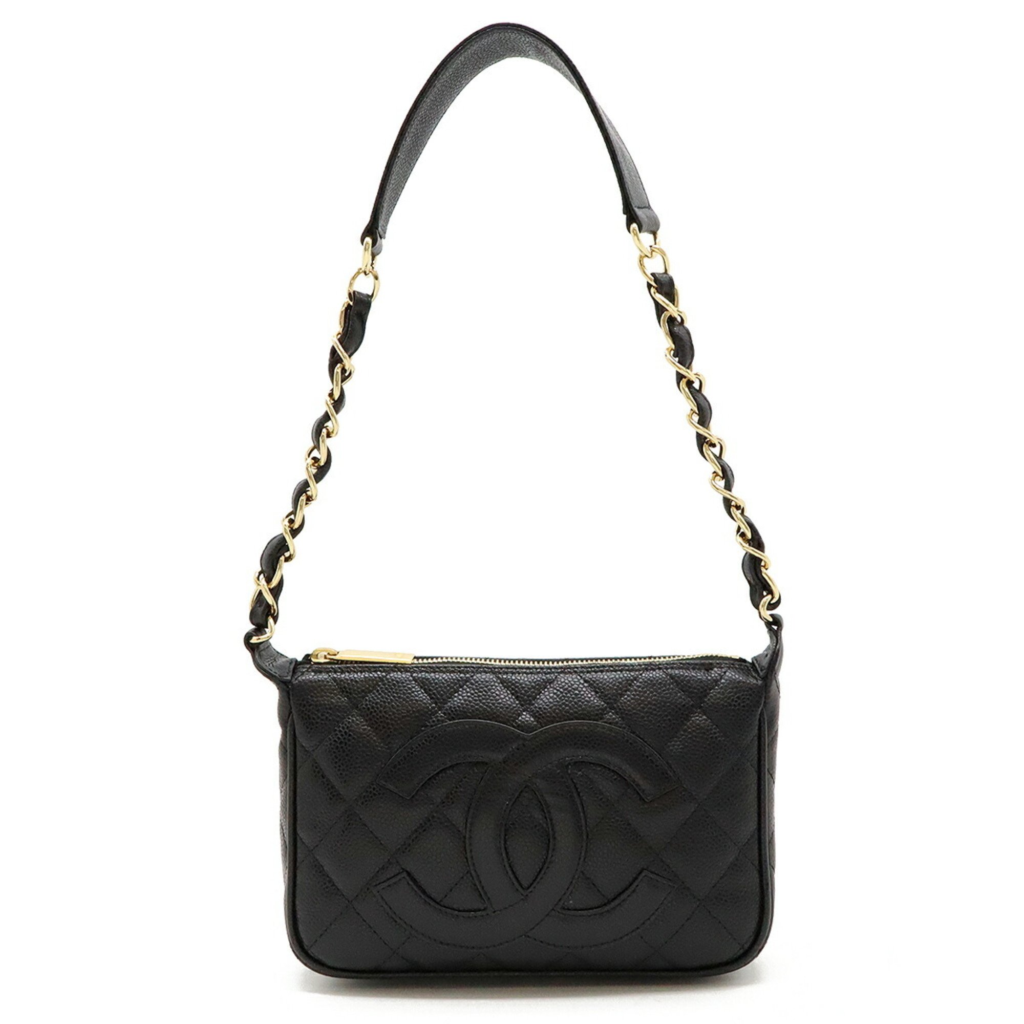 CHANEL Matelasse Coco Mark Chain Shoulder Bag Caviar Skin Leather Black A22476