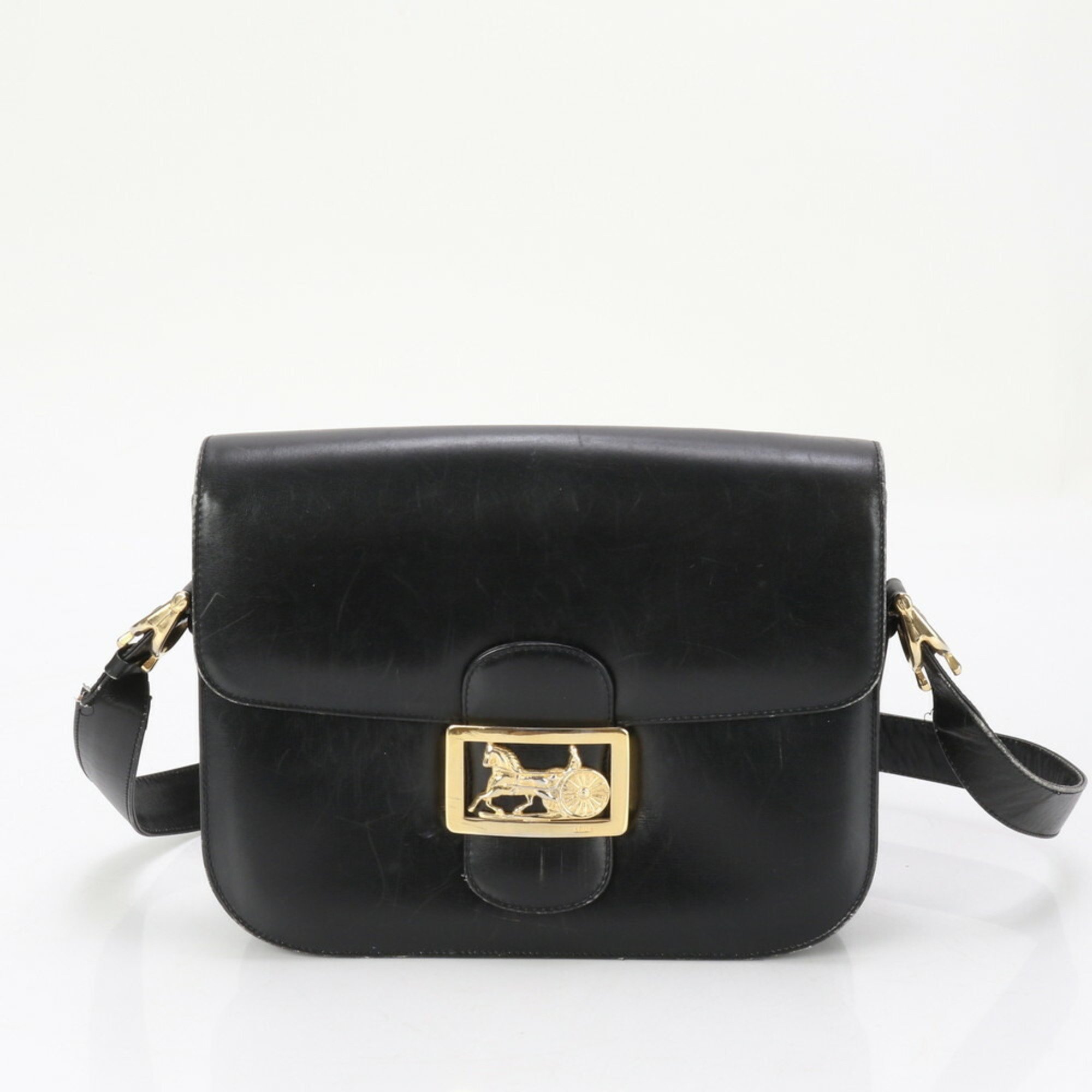 Celine Carriage hardware Leather Shoulder bag Tote Hand Black Gold Women's