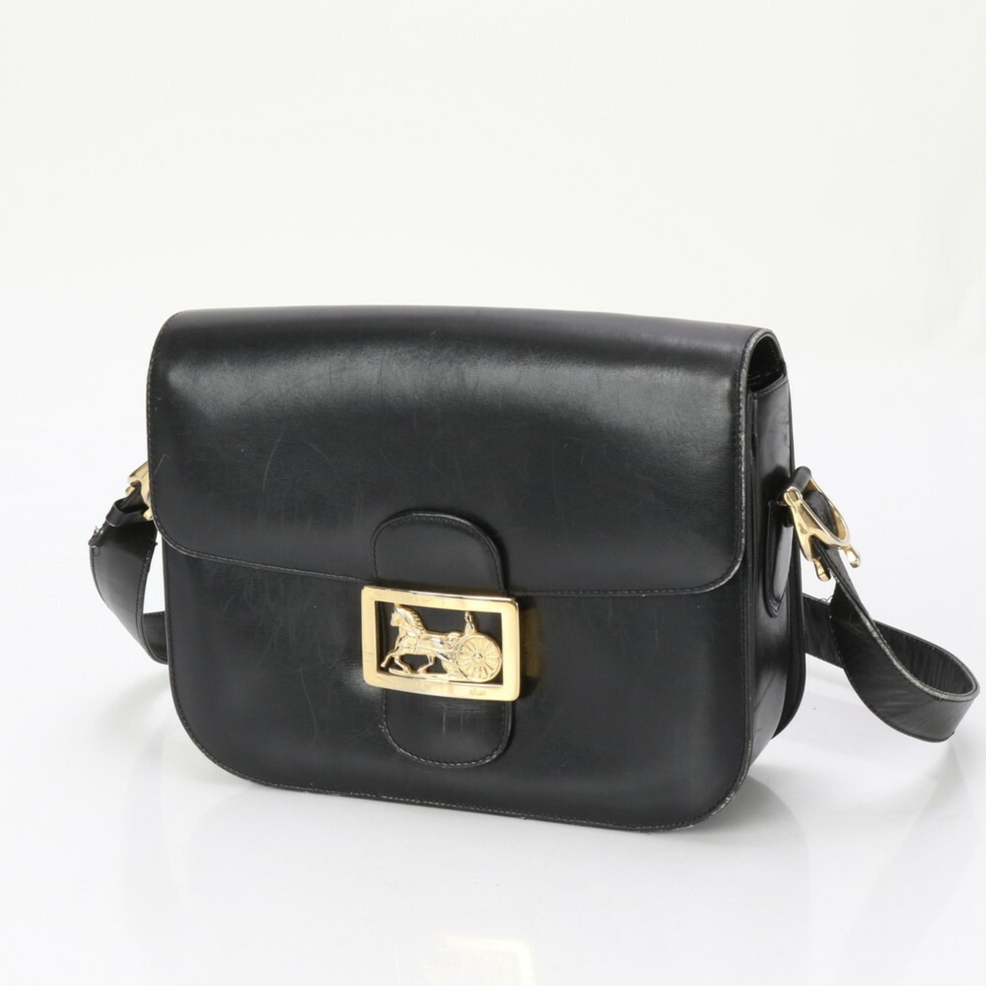 Celine Carriage hardware Leather Shoulder bag Tote Hand Black Gold Women's