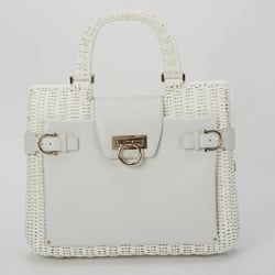 Salvatore Ferragamo Gancini Straw Leather Handbag Tote