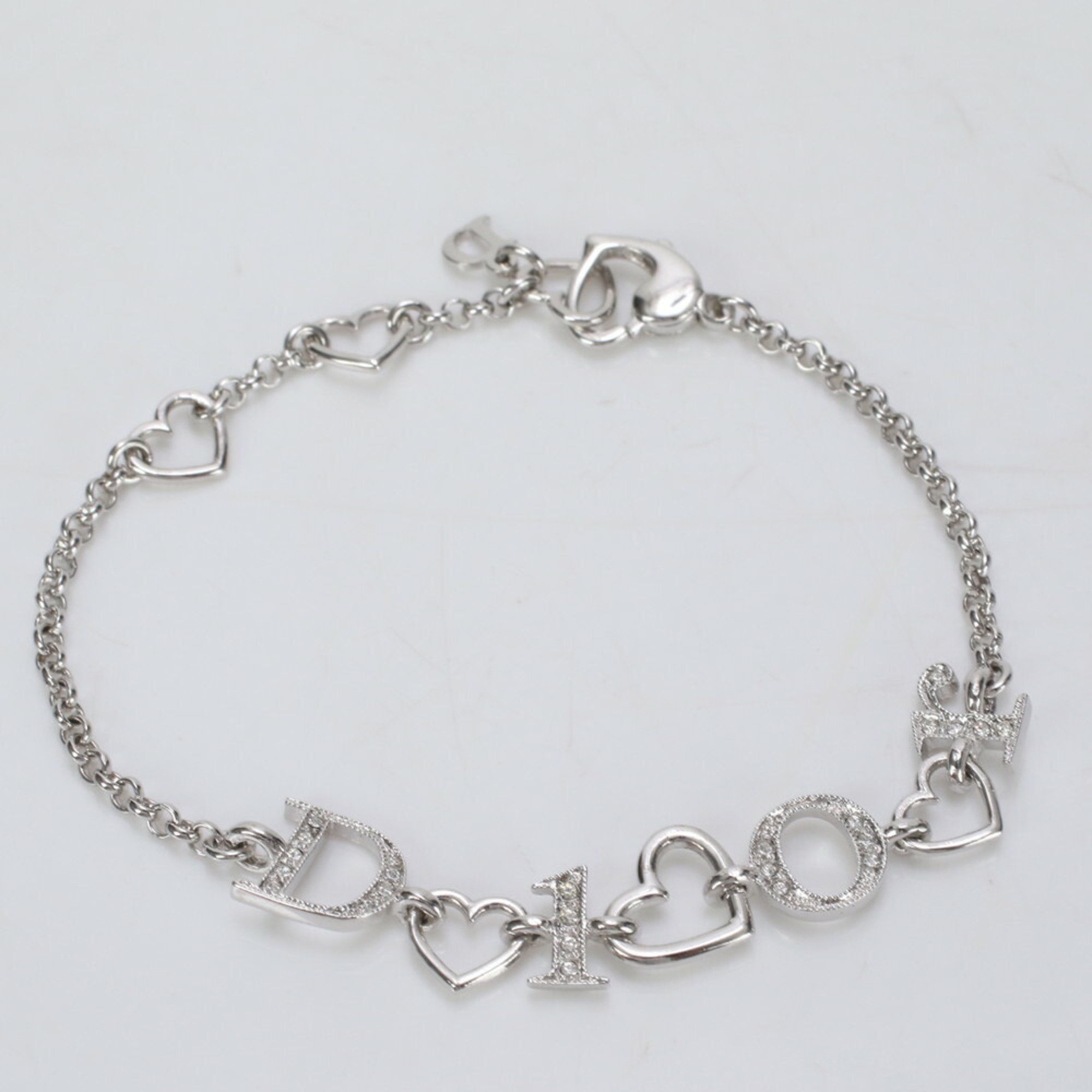 Christian Dior motif heart rhinestone silver bracelet