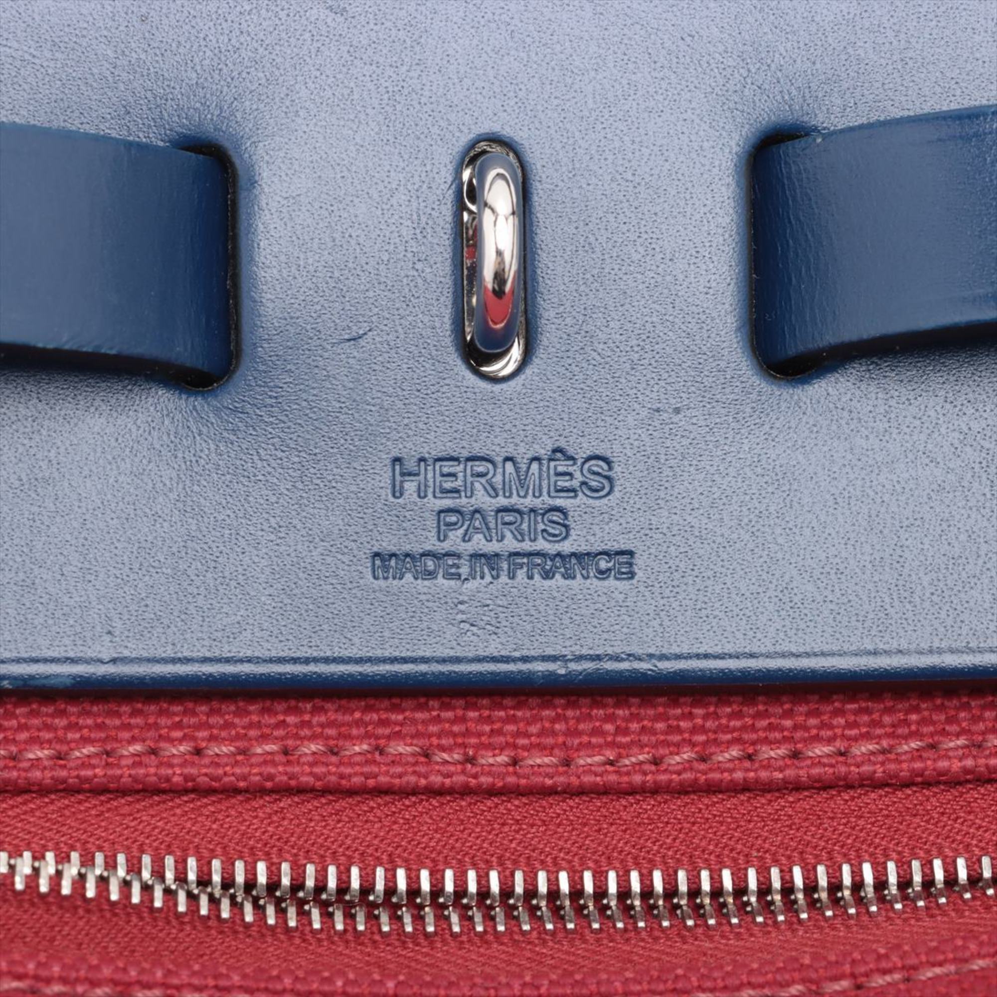 Hermes C engraved airbag navy red leather toile military shoulder bag for men