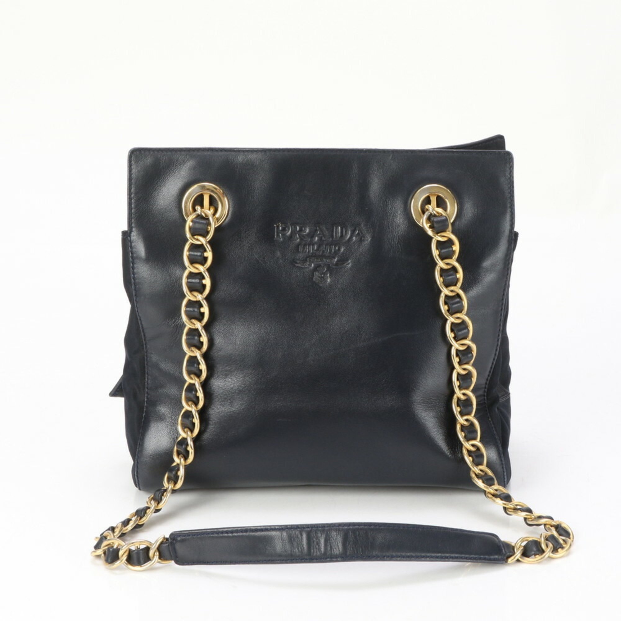 Prada Leather Lambskin Tessuto Nylon Chain Shoulder Bag Tote Black Women's