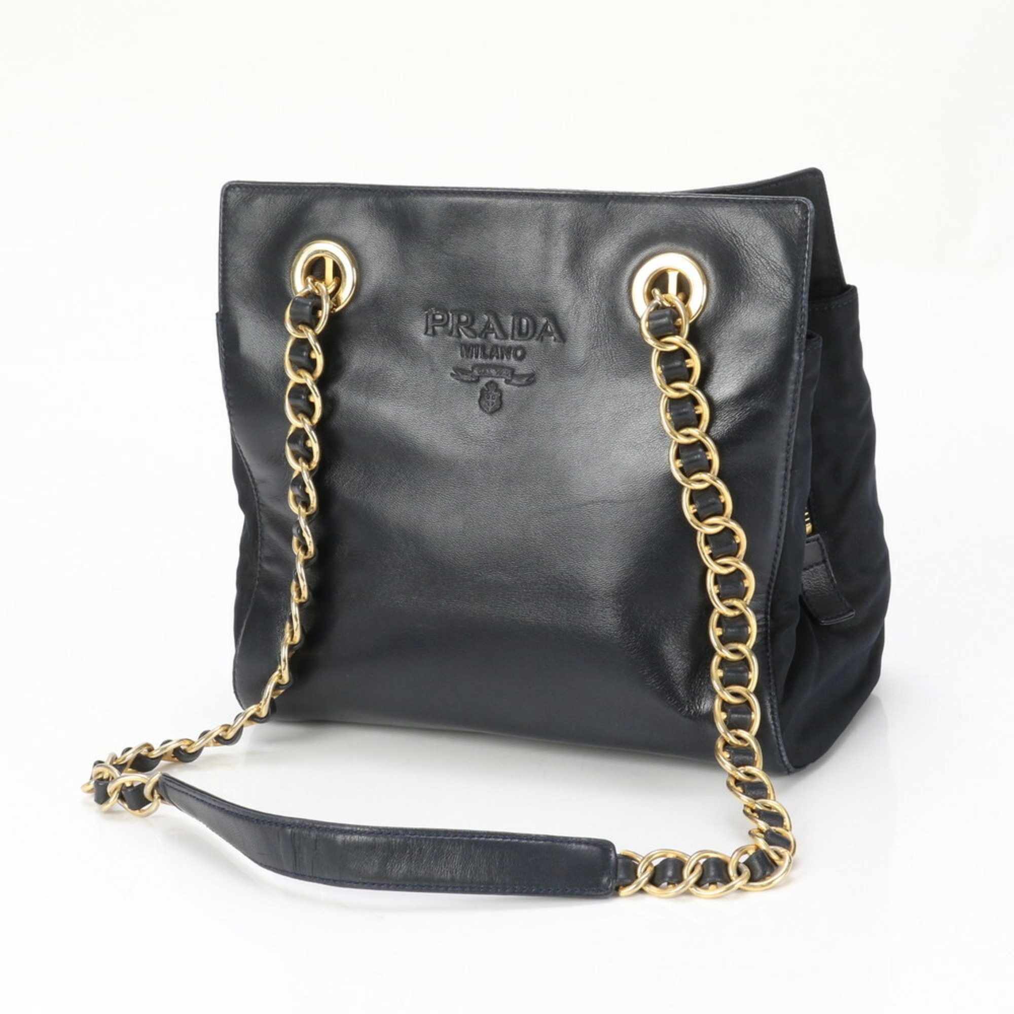 Prada Leather Lambskin Tessuto Nylon Chain Shoulder Bag Tote Black Women's