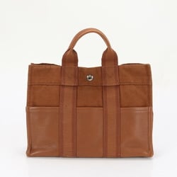 Hermes Foultou PM Half Leather Canvas Handbag Tote Brown Women's