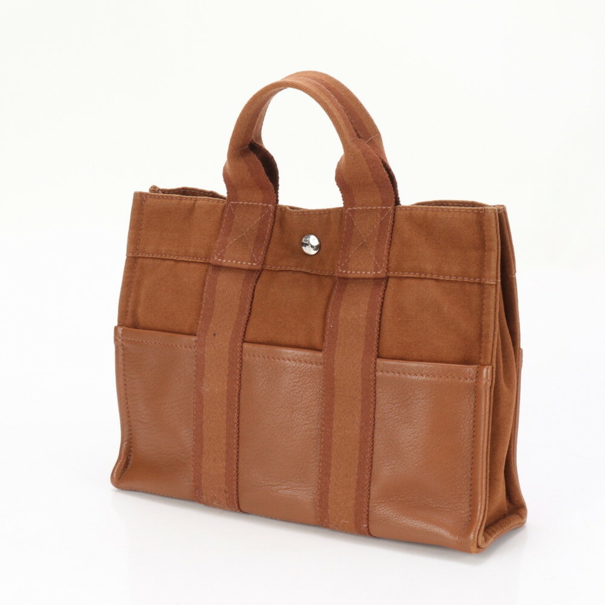 Hermes Foultou PM Half Leather Canvas Handbag Tote Brown Women's