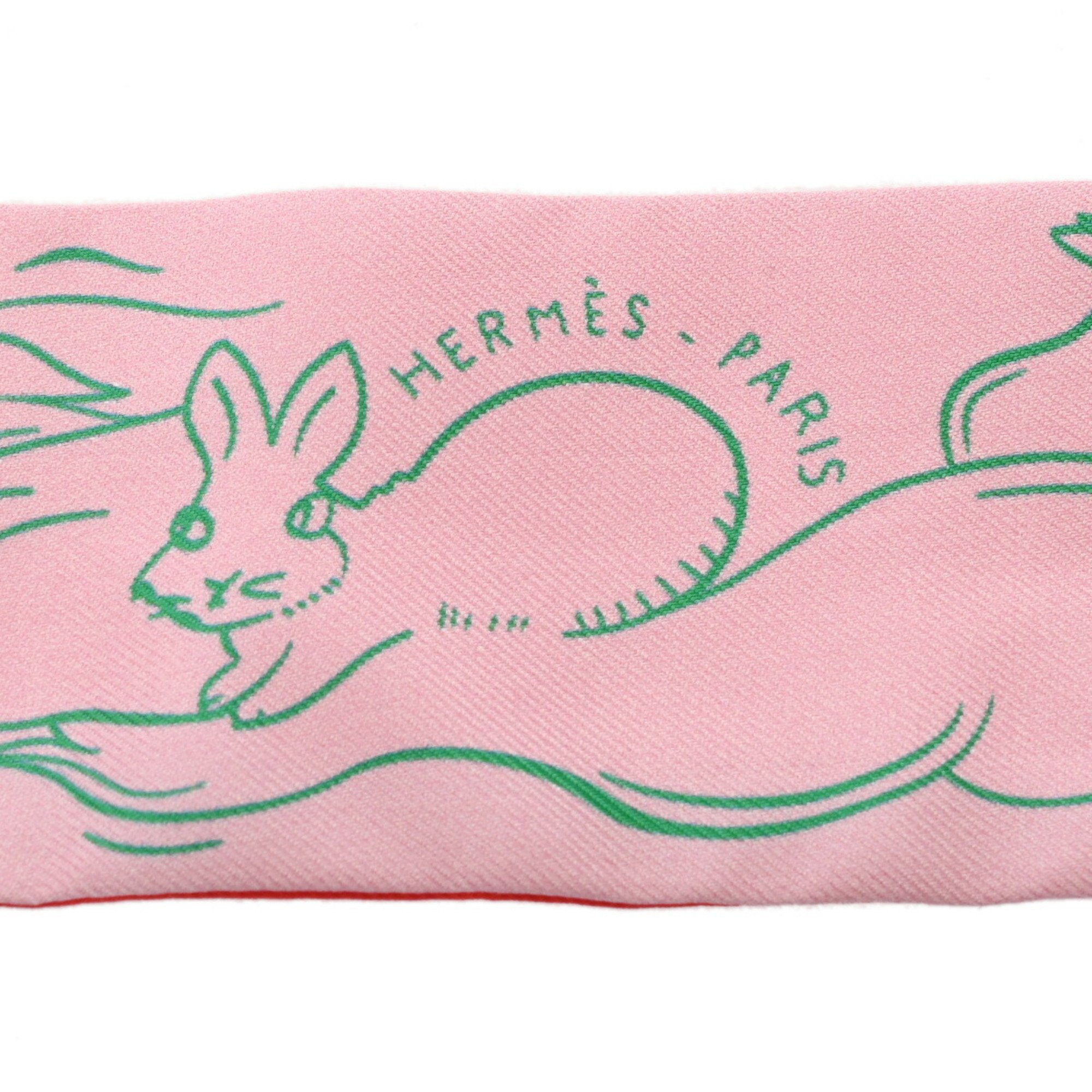 HERMES Twilly MILLE ET UN LAPINS Red/Pink Women's 100% Silk Scarf Muffler