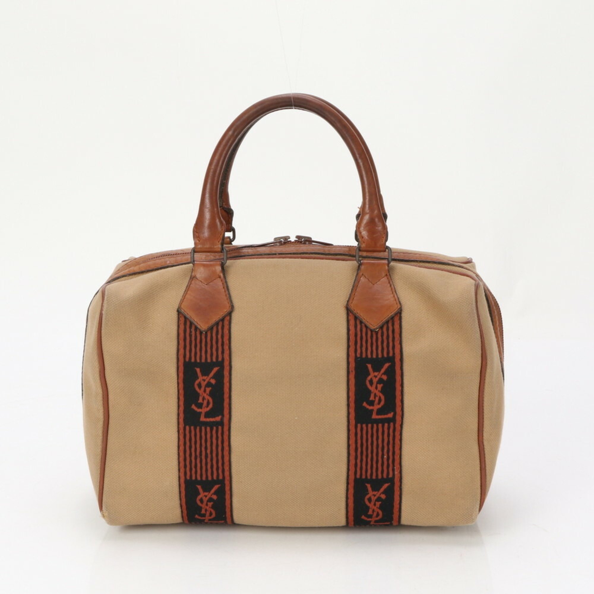 Yves Saint Laurent YSL Boston Leather Canvas Handbag Tote Brown Women's