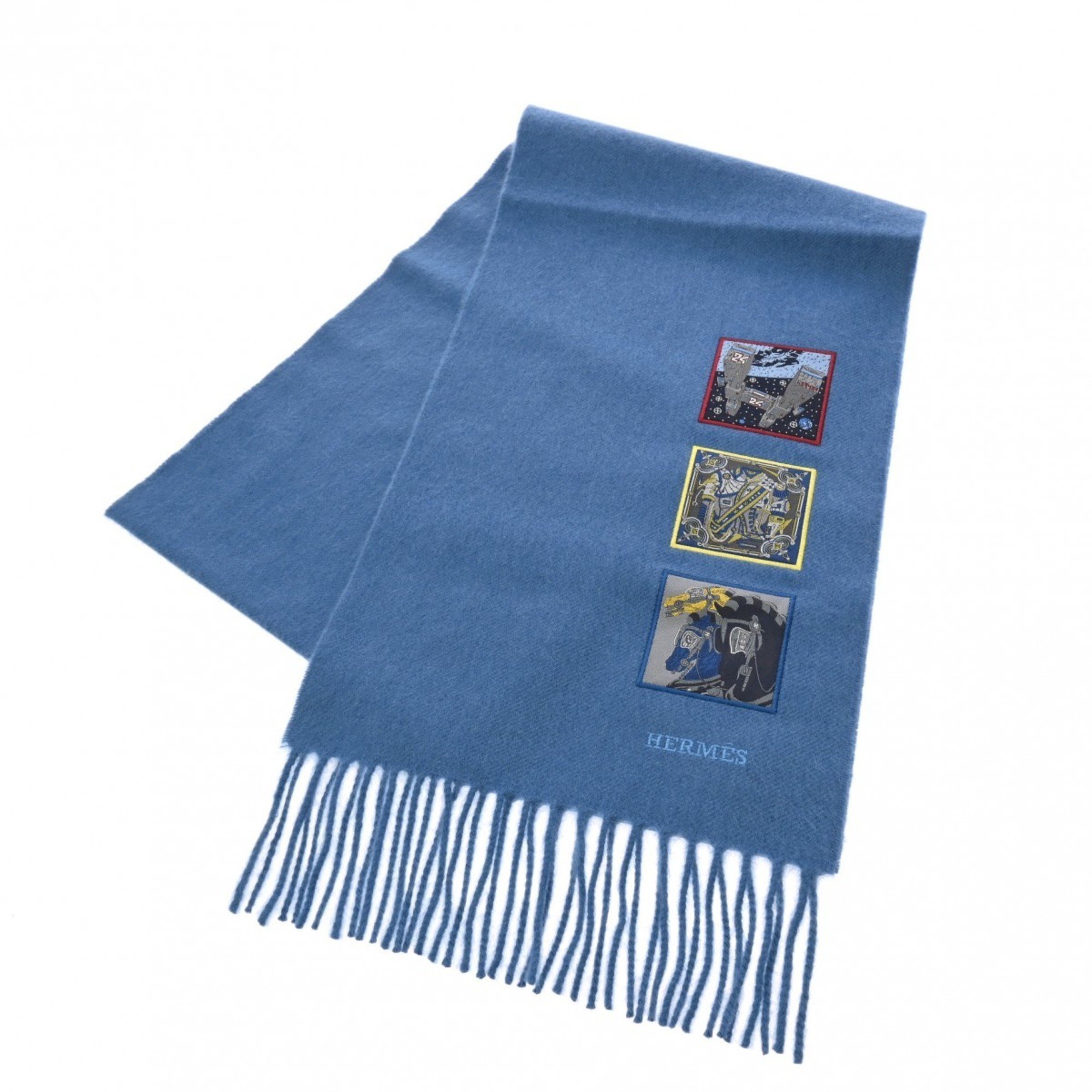 HERMES Badge Soie Blue Horizon Men's 100% Cashmere Scarf