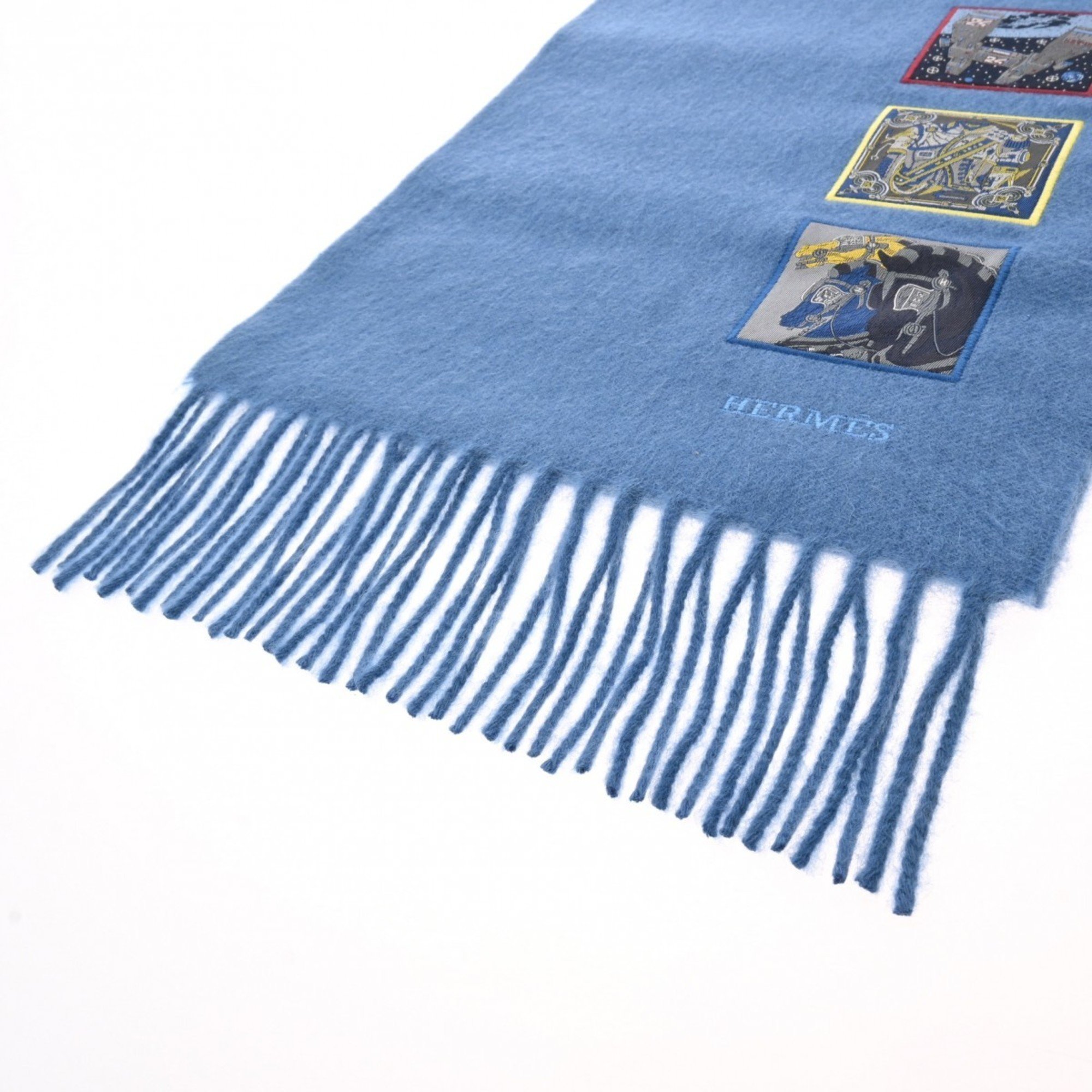 HERMES Badge Soie Blue Horizon Men's 100% Cashmere Scarf