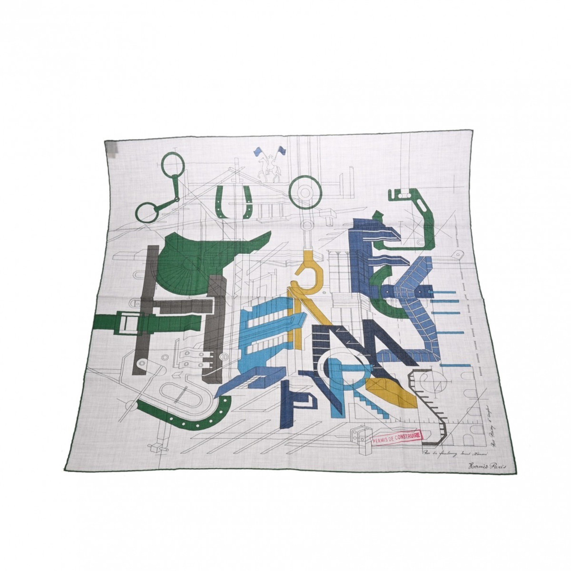 HERMES Carré H 100 Permis de Construire Glycine/Green/Blue 104063T Men's 70% Cashmere/30% Silk Scarf Muffler