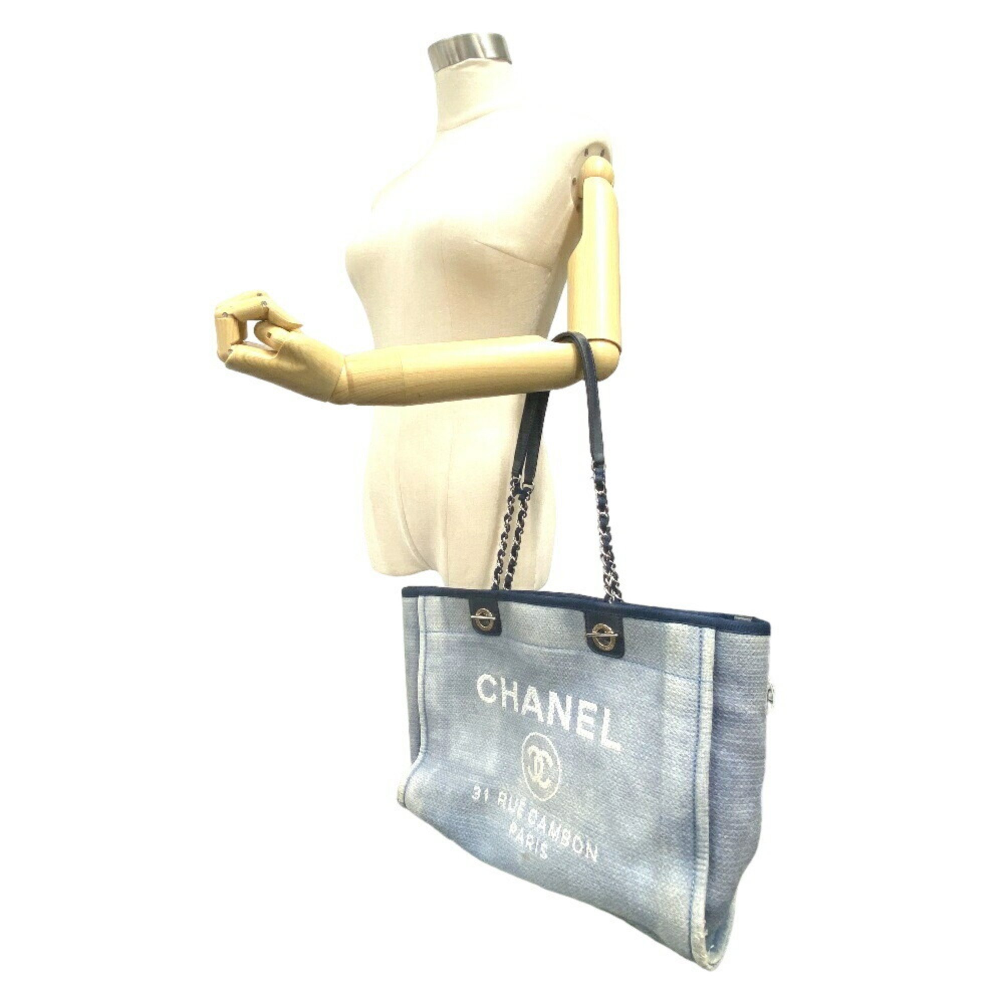 CHANEL Deauville MM Chain Tote Bag Navy Women's