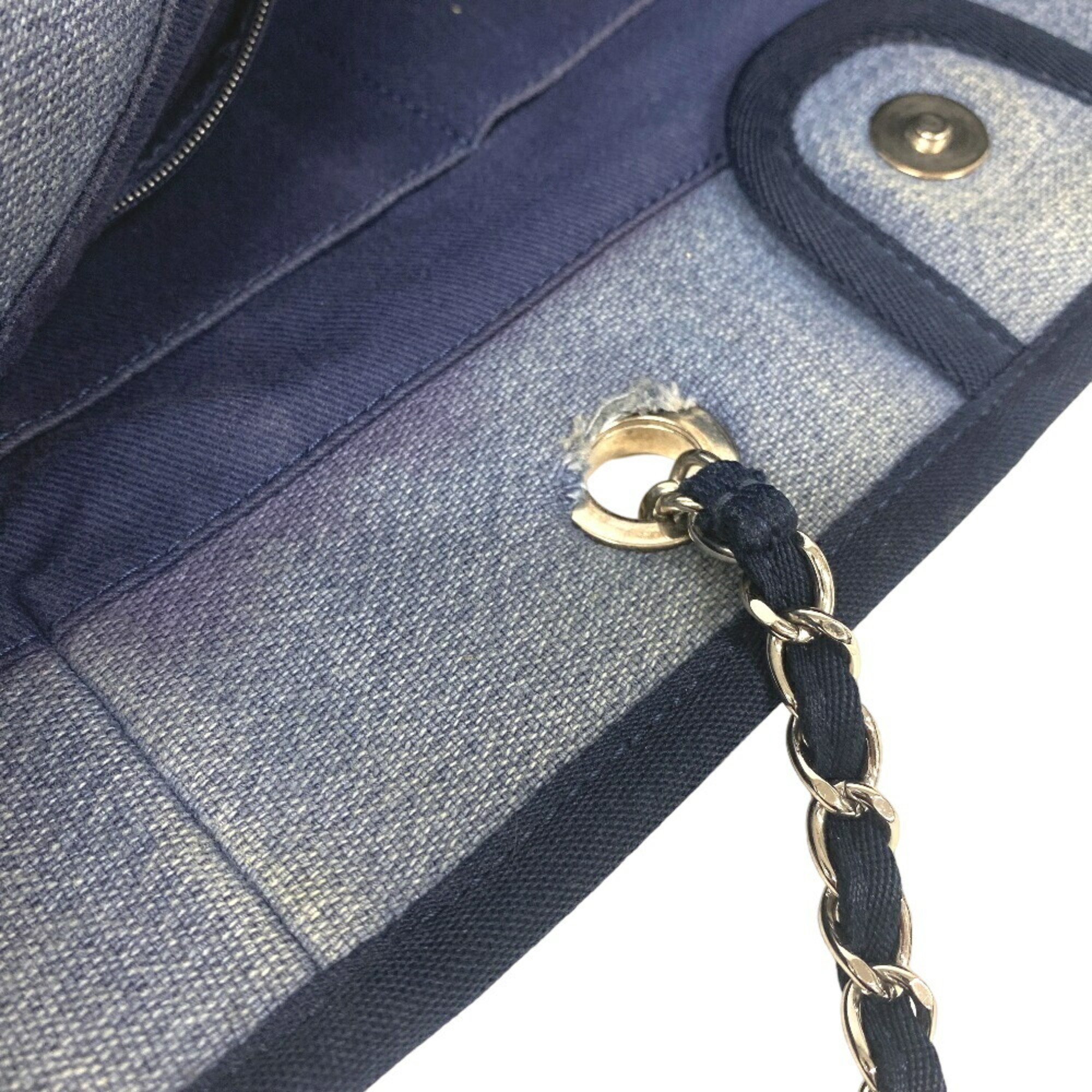 CHANEL Deauville MM Chain Tote Bag Navy Women's