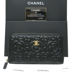 CHANEL Camellia Caviar Skin Round Long Wallet for Women in Black Calf Leather