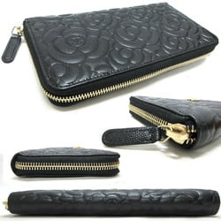 CHANEL Camellia Caviar Skin Round Long Wallet for Women in Black Calf Leather