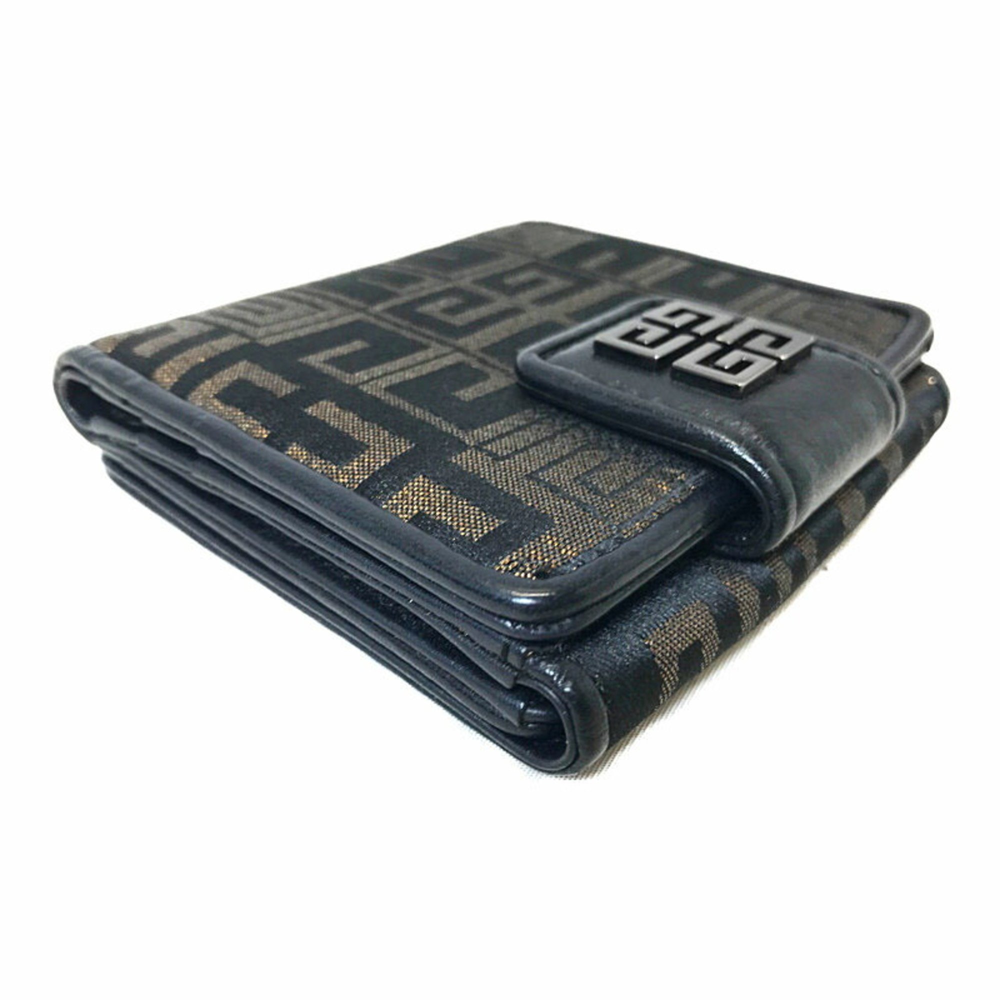 Givenchy W Compact Wallet Black Gold Canvas Leather Men's