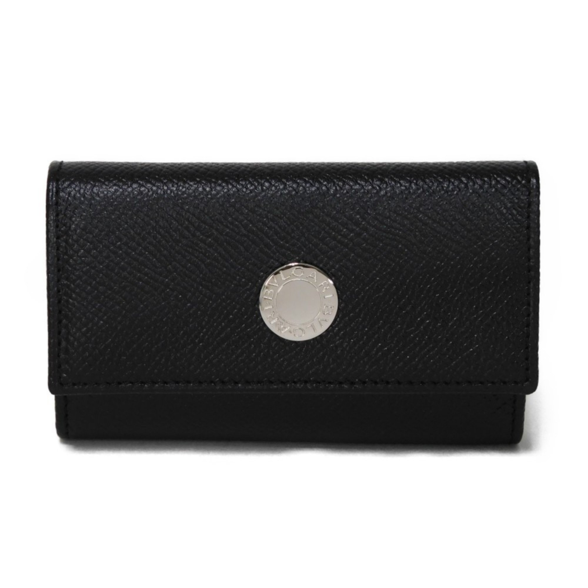 BVLGARI Classico Key Holder, Small Button, Grained Calfskin, Silver, 6-Row, Black, 20841, Men's, Women's