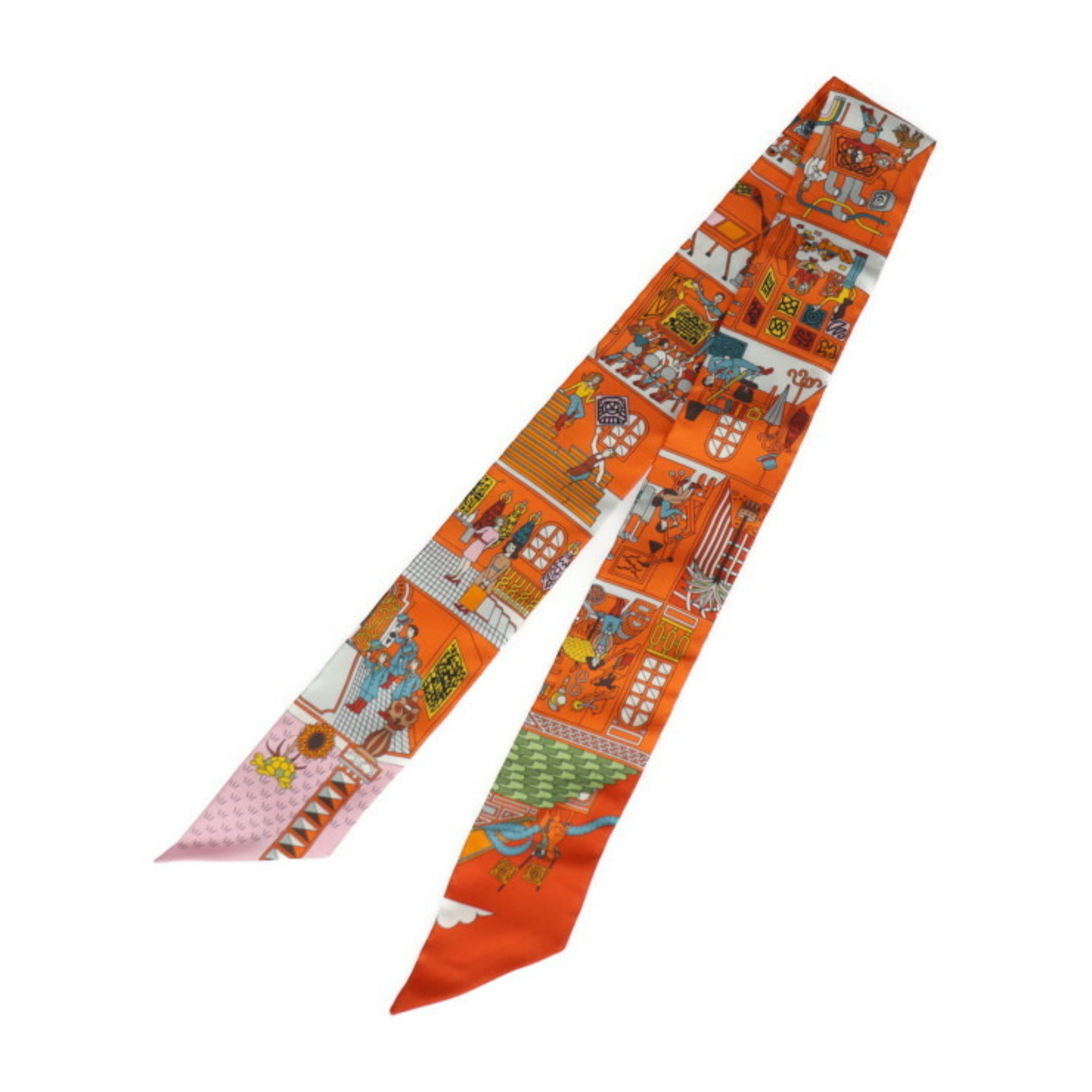 HERMES Twilly LA MAISON DES CARRES Scarf 062941S 14 100% Silk Orange Multicolor Ribbon