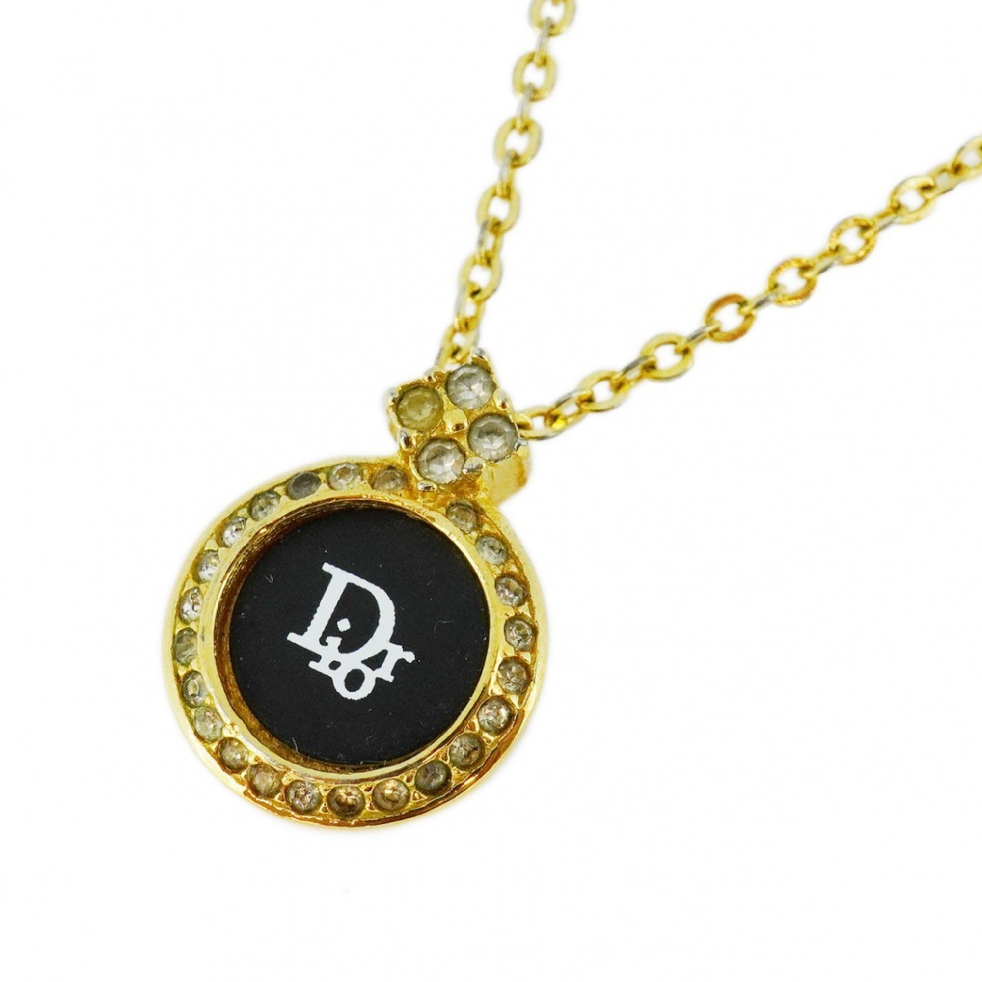 Christian Dior Necklace Circle Rhinestone GP Plated Gold Black Women's