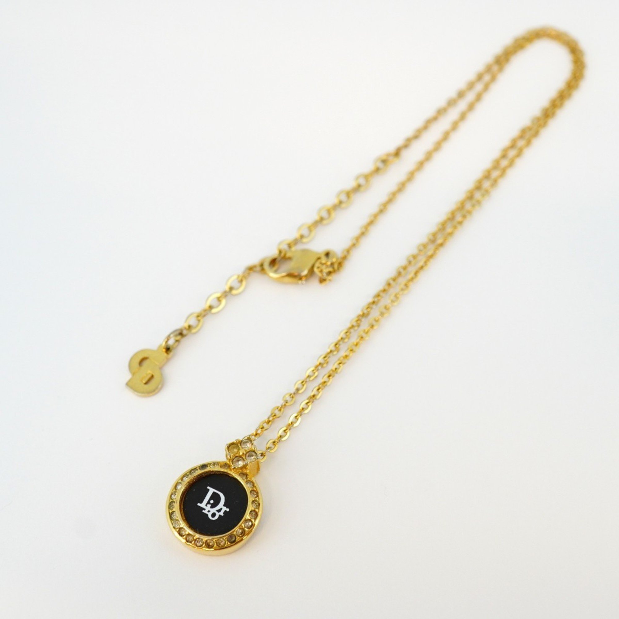 Christian Dior Necklace Circle Rhinestone GP Plated Gold Black Women's