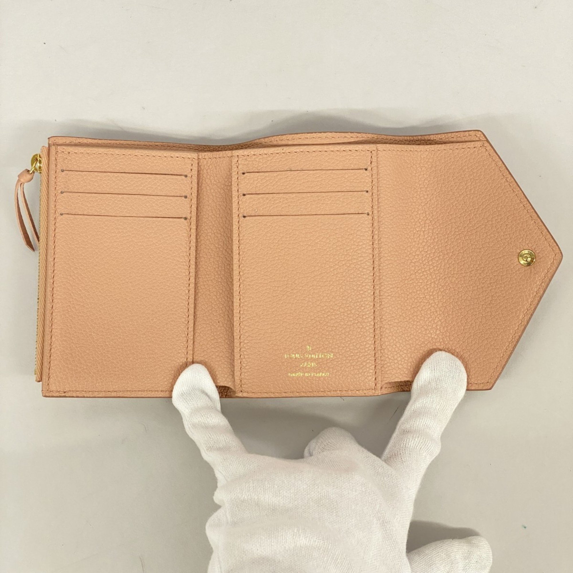 Louis Vuitton Tri-fold Wallet Monogram Empreinte Bicolor Portefeuille Victorine M81728 Rose Trianon Creme Ladies