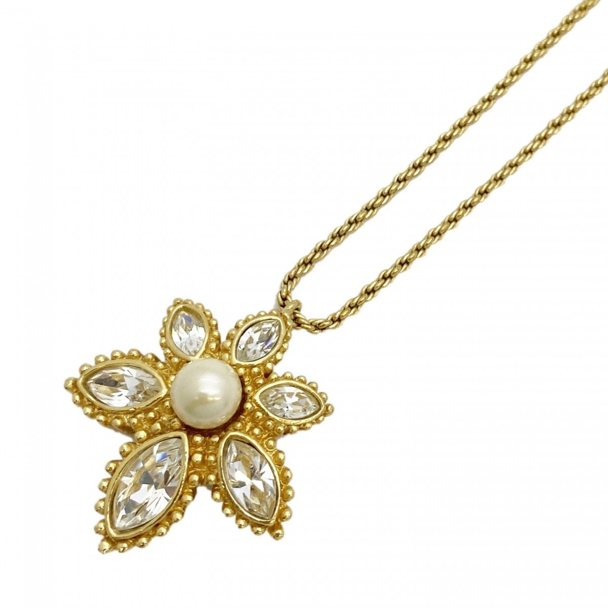 Christian Dior Necklace Flower Motif Faux Pearl Rhinestone GP Plated Gold Women's