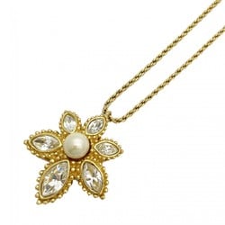 Christian Dior Necklace Flower Motif Faux Pearl Rhinestone GP Plated Gold Women's