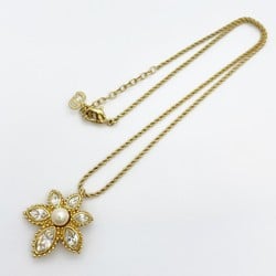 Christian Dior Necklace Flower Motif Faux Pearl Rhinestone GP Plated Gold Women's