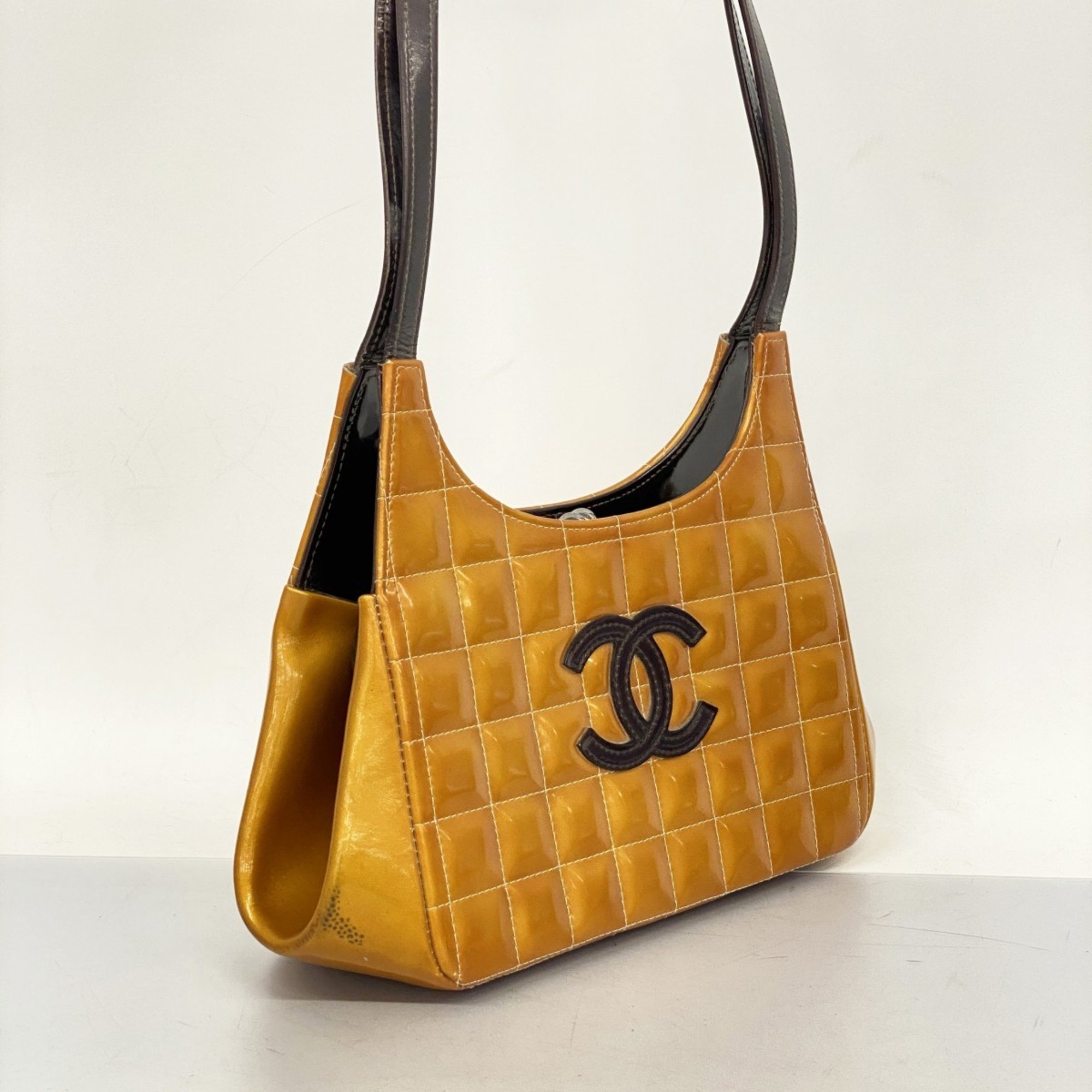 Chanel Shoulder Bag Chocolate Bar Patent Leather Orange Brown Women's