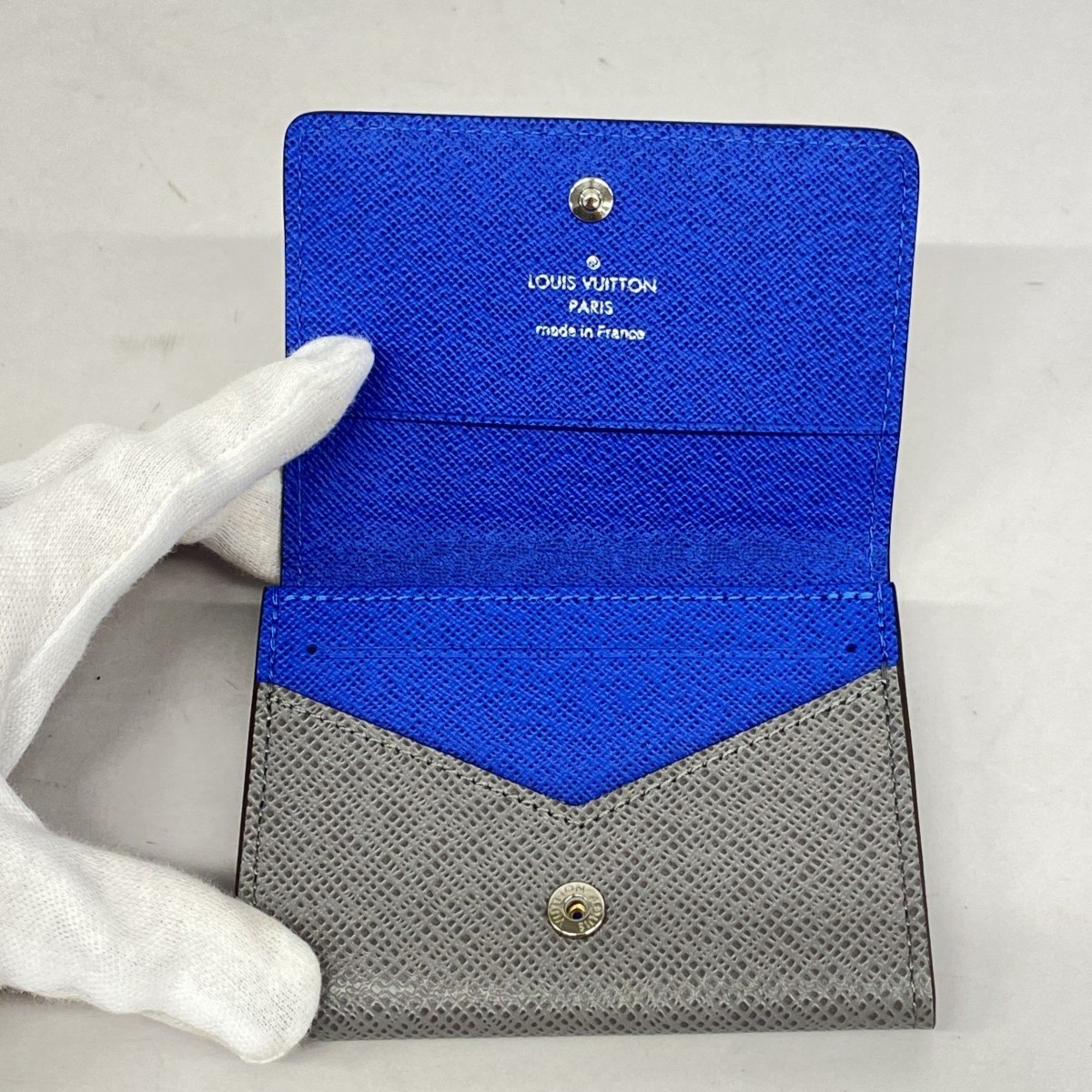 Louis Vuitton Business Card Holder Taiga Envelope Carte de Visite M11583 Blue Grilloche Grey Men's