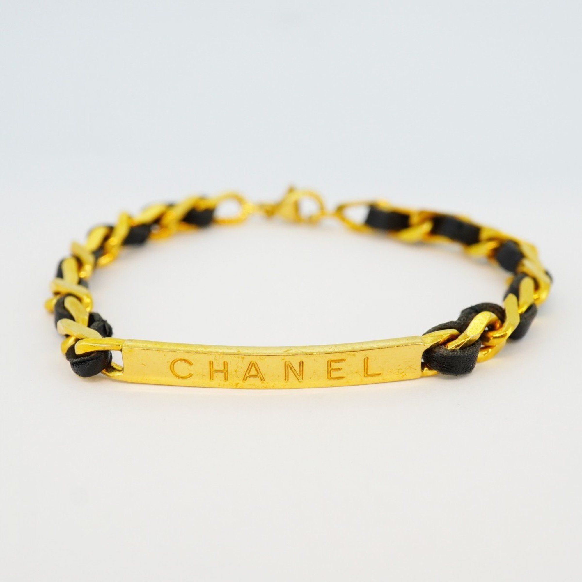 Chanel Bracelet GP Plated Leather Gold Black Ladies