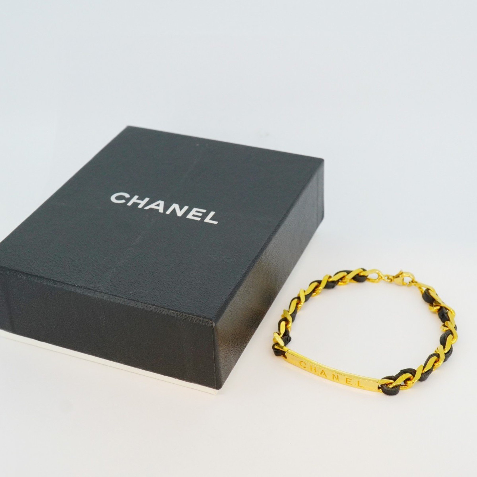 Chanel Bracelet GP Plated Leather Gold Black Ladies