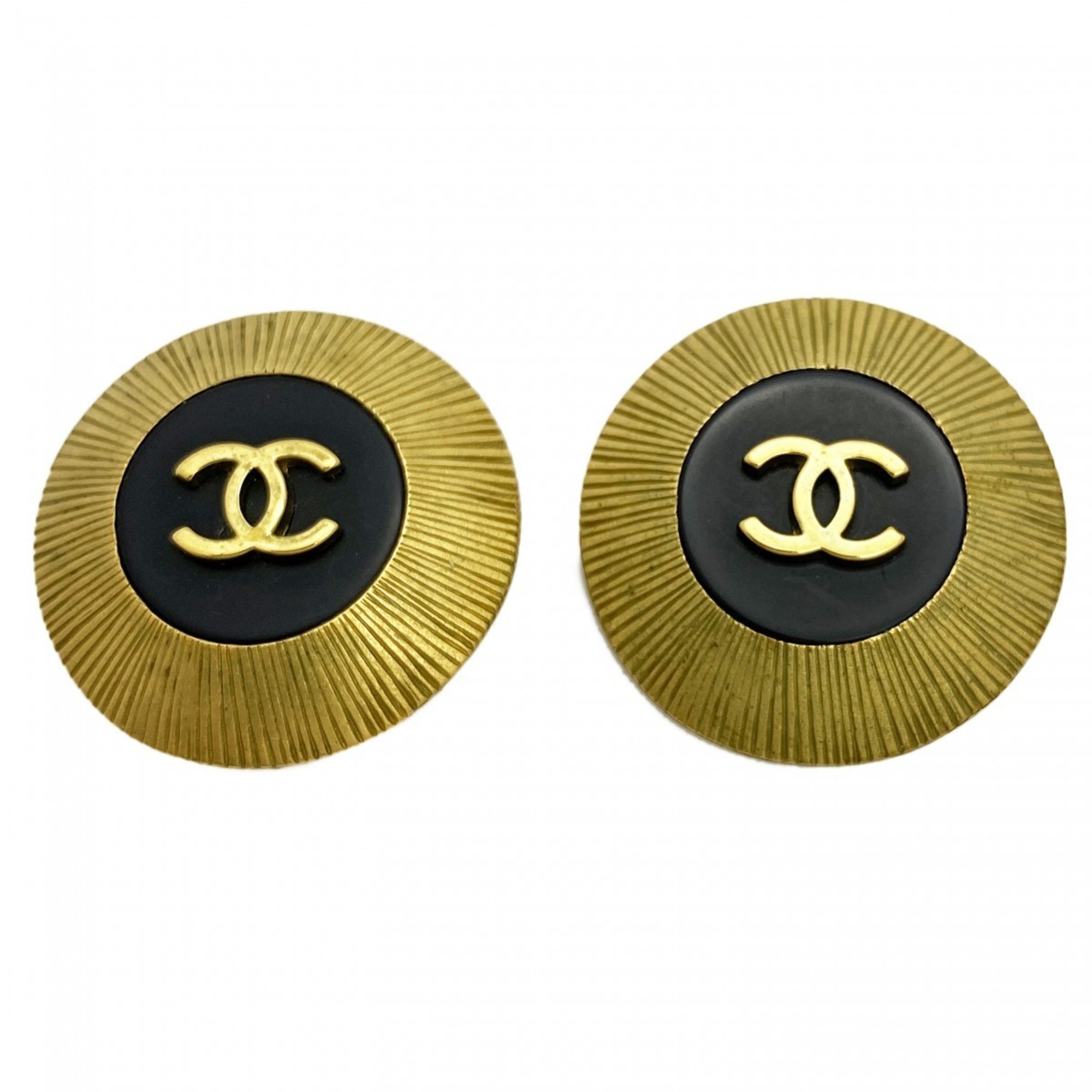 Chanel Earrings Coco Mark Circle GP Plated Gold Black Ladies