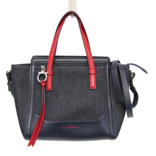 Salvatore Ferragamo Amy AU-21 F830 Women's Denim,Leather Handbag,Shoulder Bag Navy,Red Color