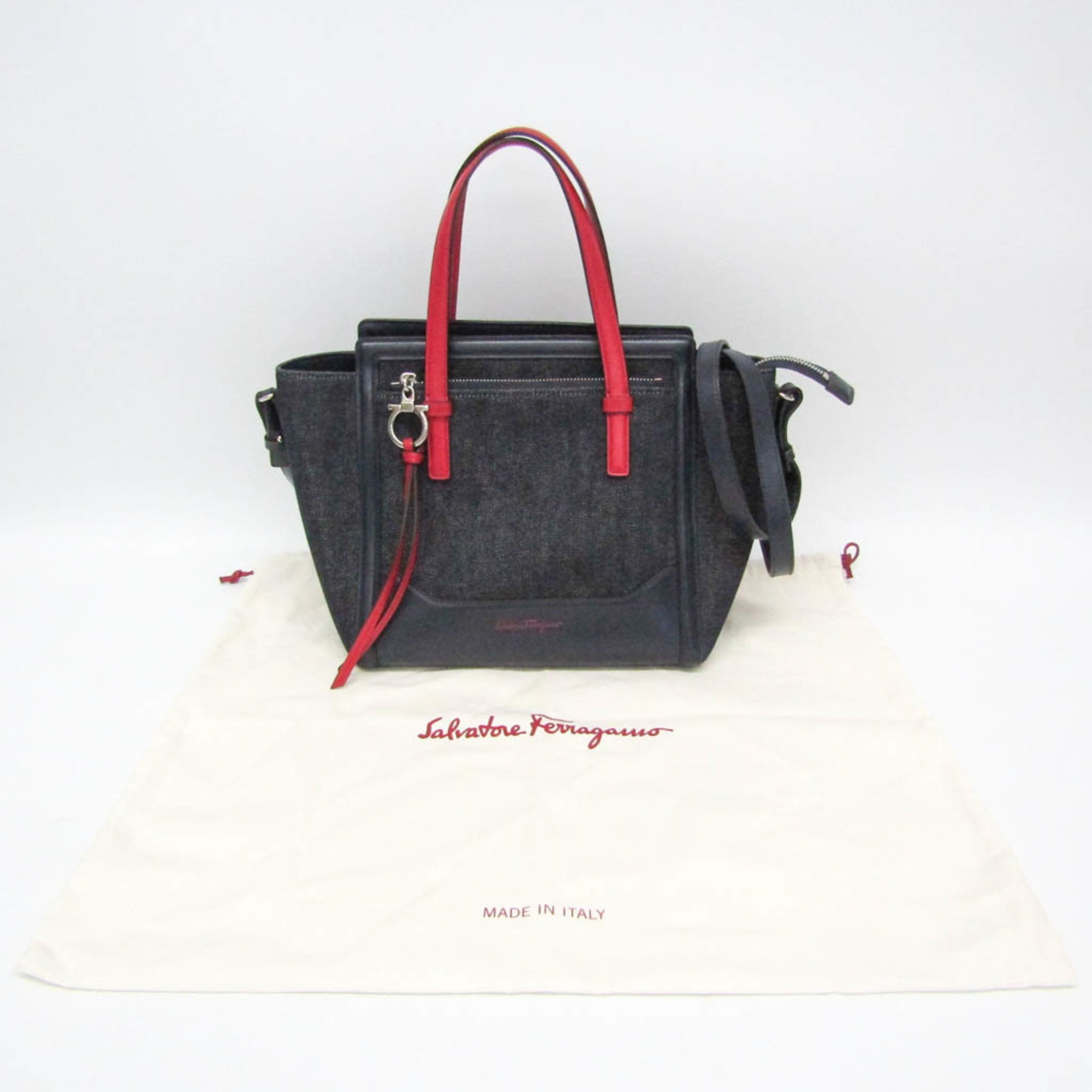 Salvatore Ferragamo Amy AU-21 F830 Women's Denim,Leather Handbag,Shoulder Bag Navy,Red Color