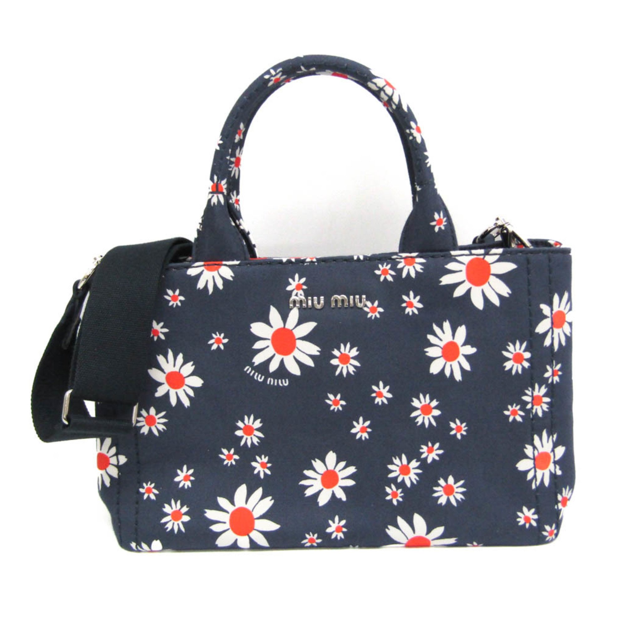 Miu Miu Flower TESSUTO STAMPAT 5BG439 Women's Canvas Handbag,Shoulder Bag Navy