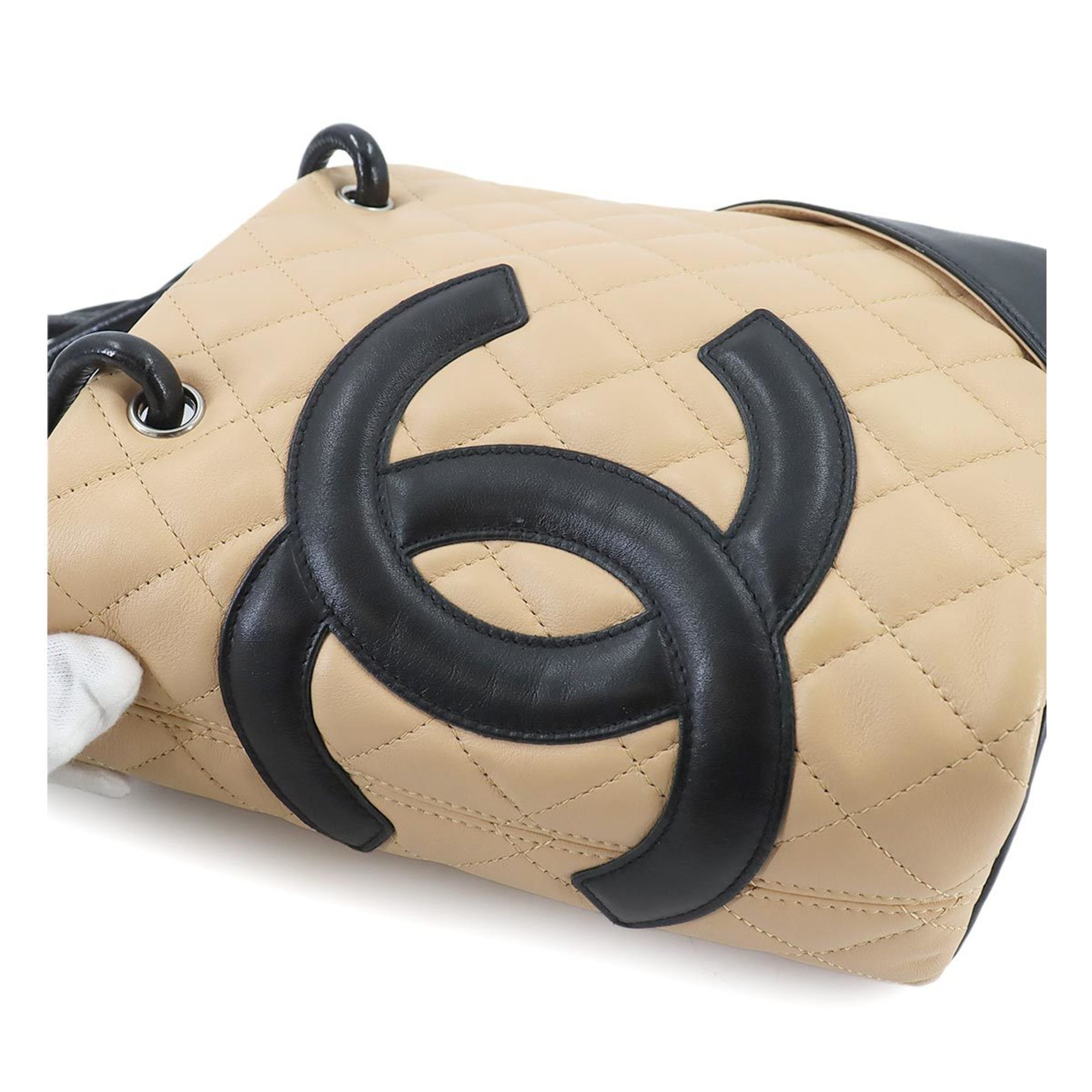 CHANEL Cambon Line Small Leather Beige Black A25166 Tote Bag