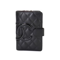 CHANEL Cambon Line Bi-fold Wallet Leather Enamel Black A50080 Coco Mark Silver Hardware