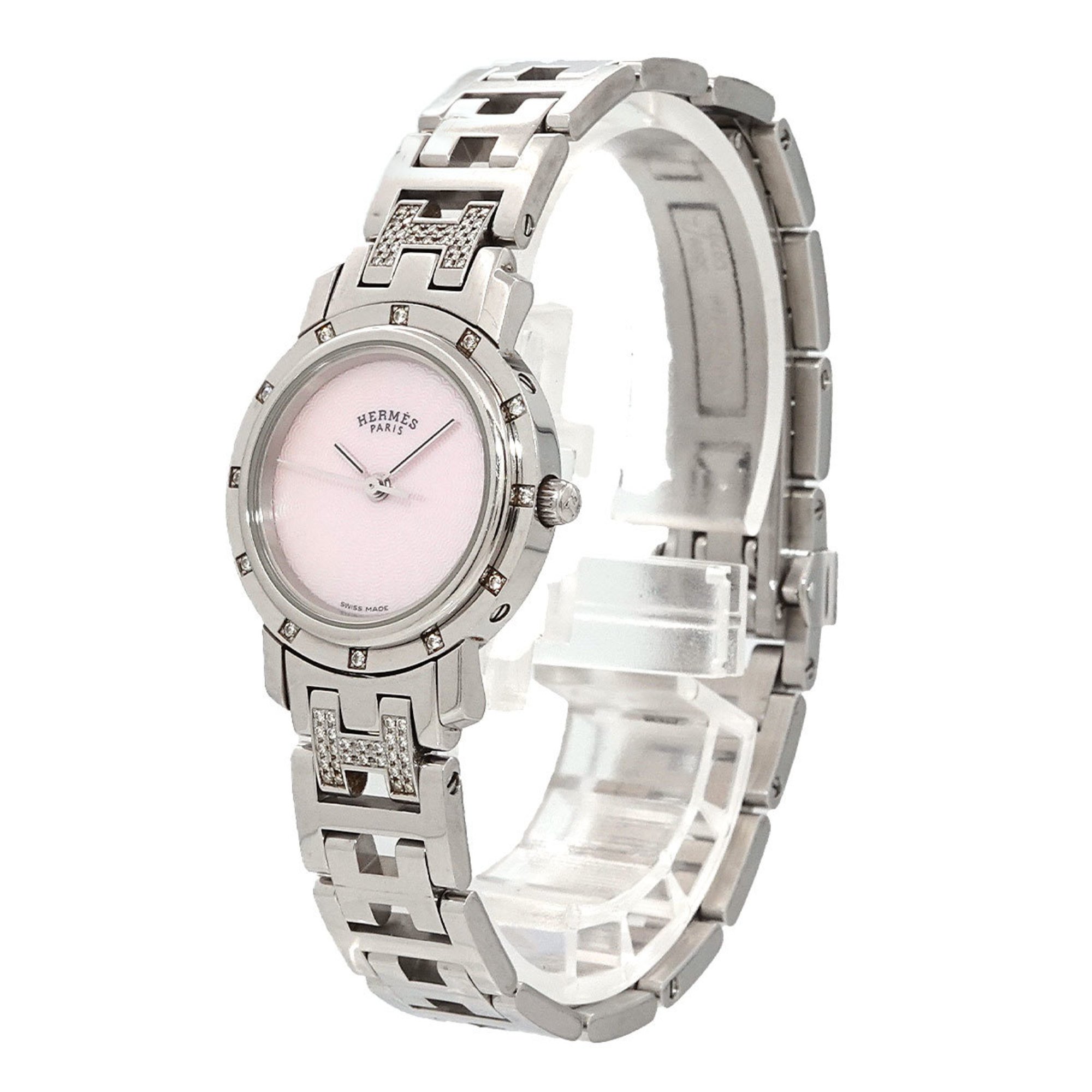 Hermes Clipper Nacle CL4 230 Ladies Watch 12P Diamond Bezel Lug Pink Shell Quartz