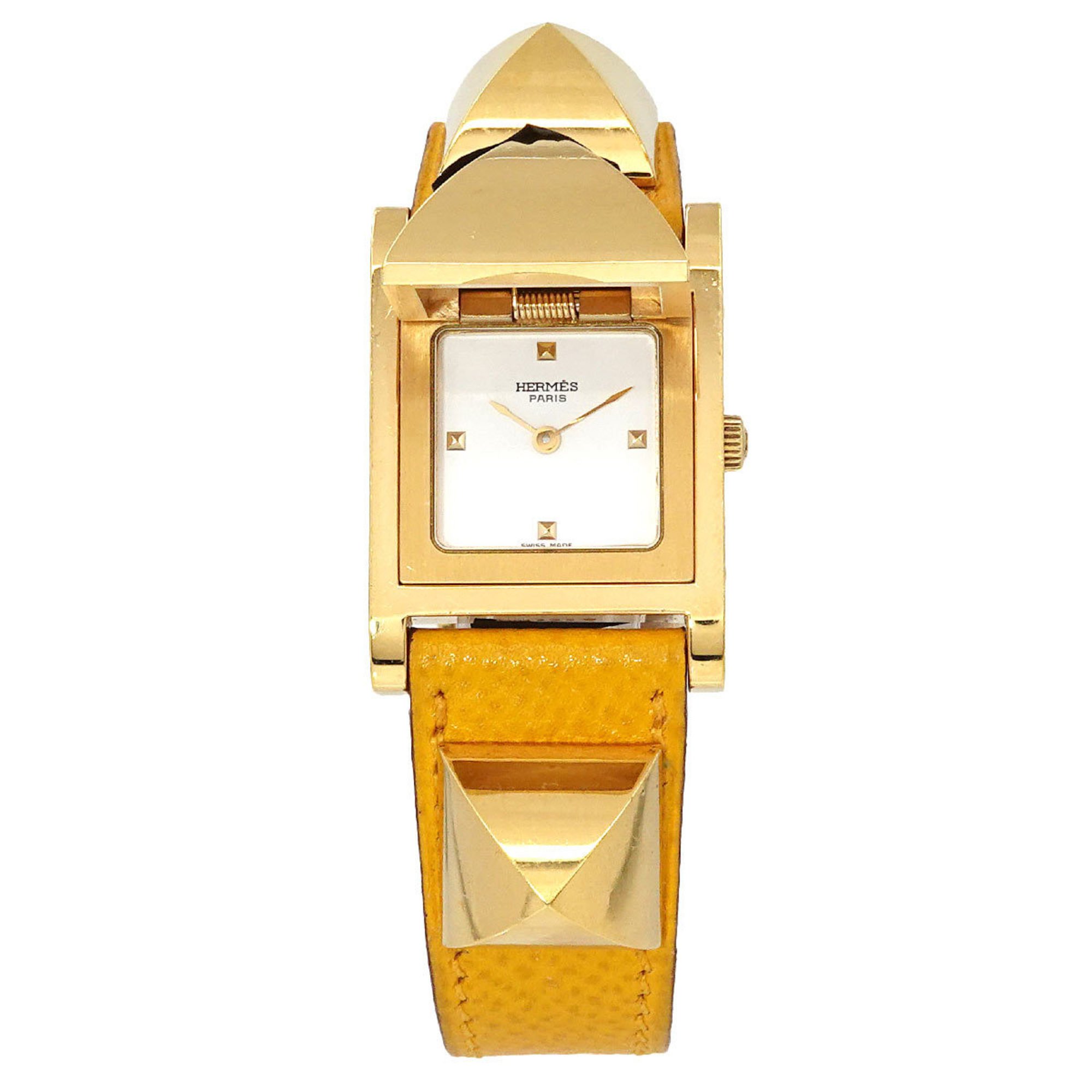 Hermes HERMES Medor Ladies Watch Pyramid Gold Studs White Yellow Leather Quartz