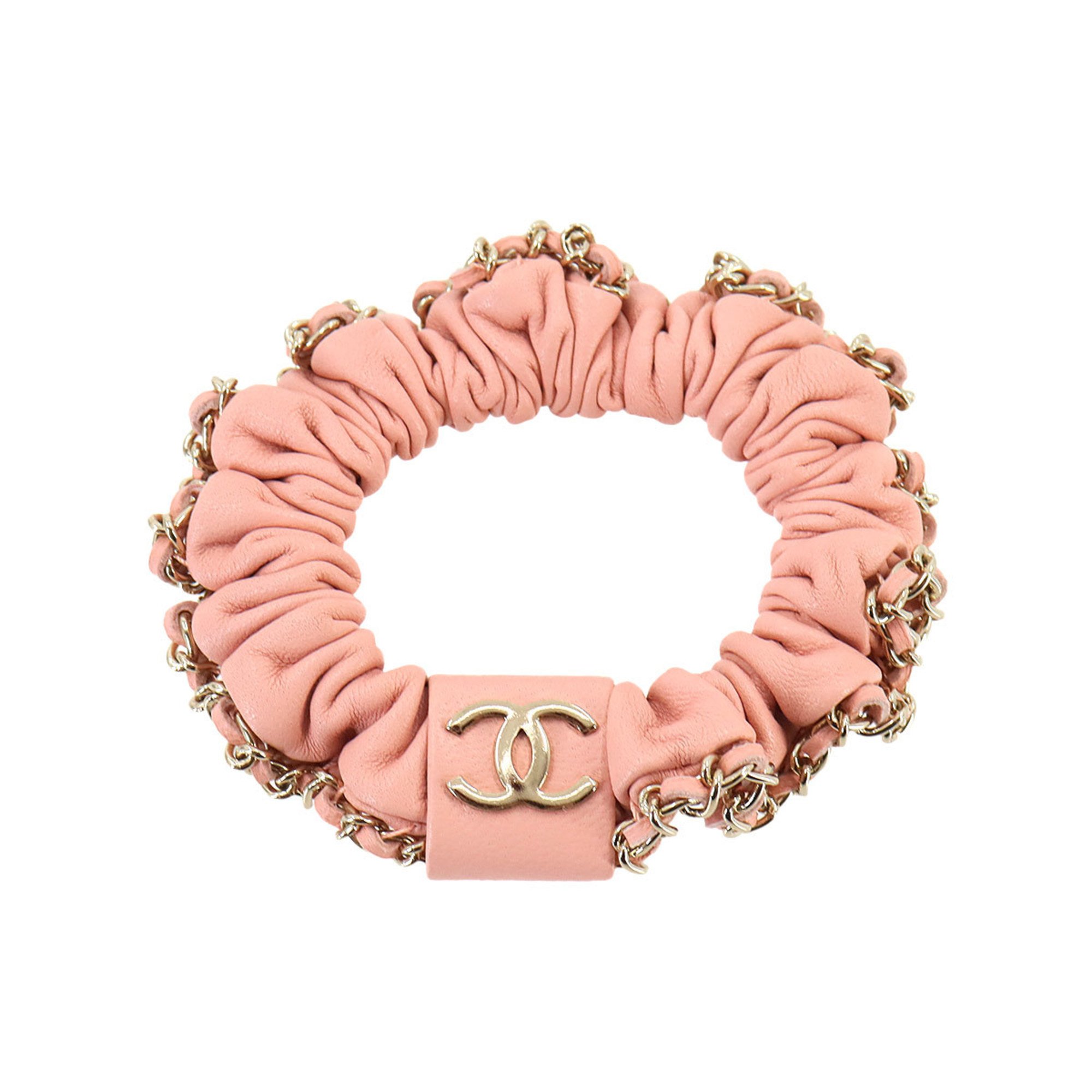 CHANEL Coco Mark Scrunchie Leather Pink Gold A22S Hair Tie